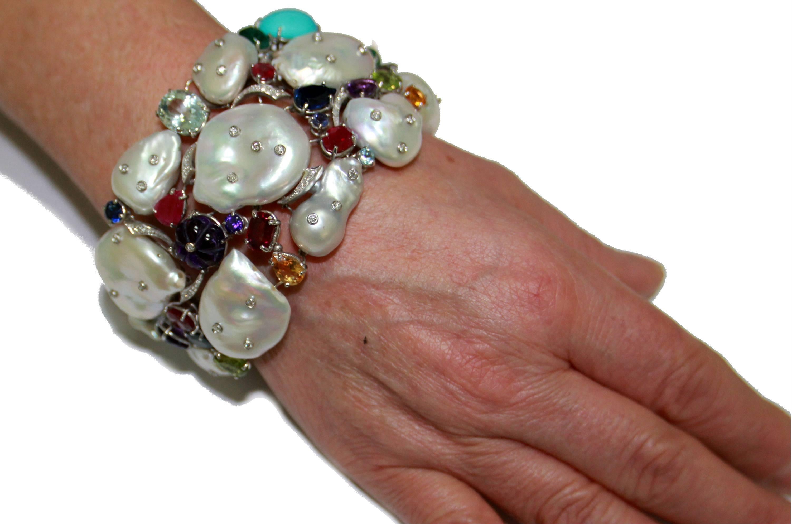 Handcraft Australian Pearls 18 Karat White Gold Diamonds Cuff Bracelet For Sale 4