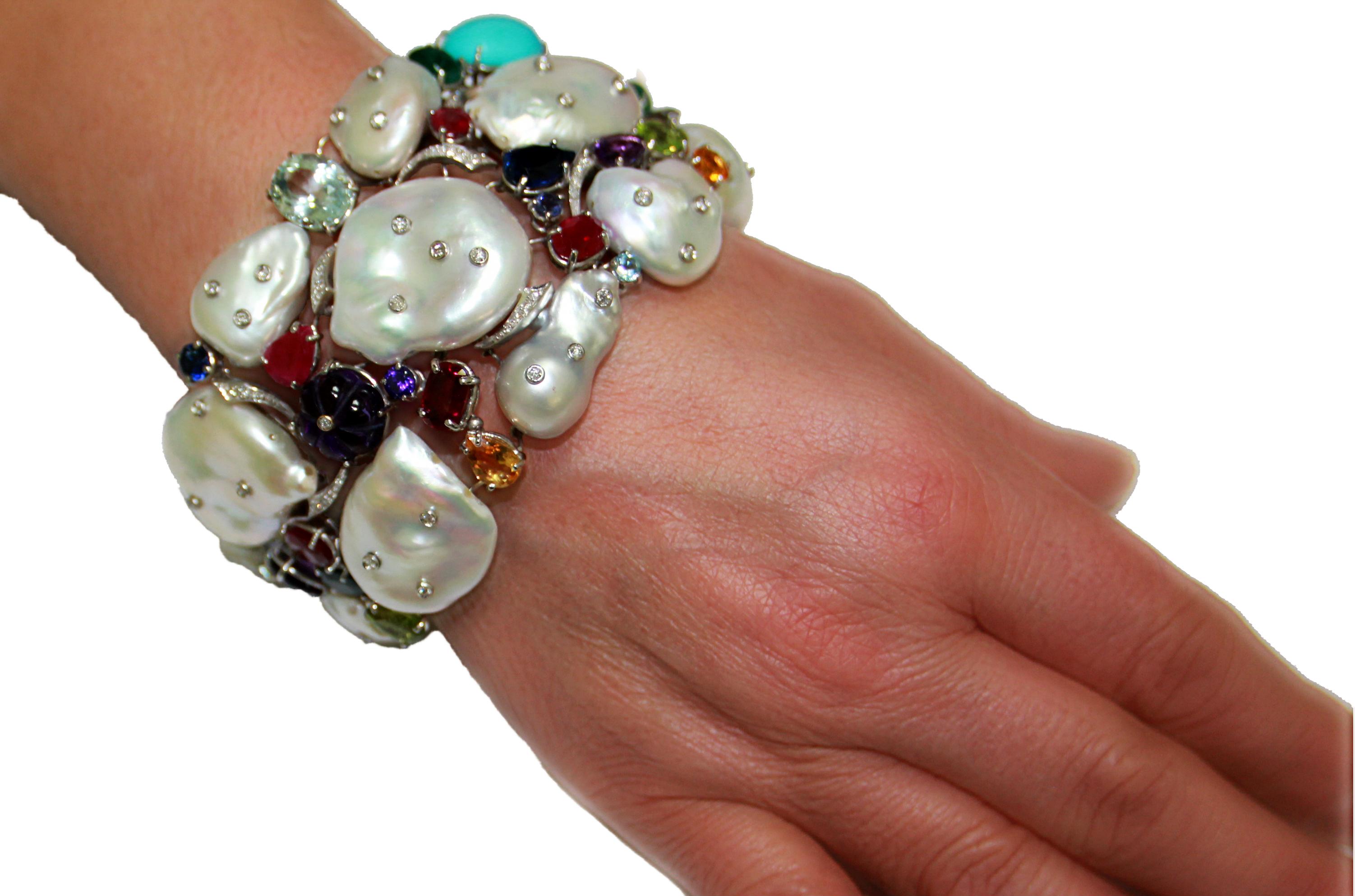 Handcraft Australian Pearls 18 Karat White Gold Diamonds Cuff Bracelet For Sale 12