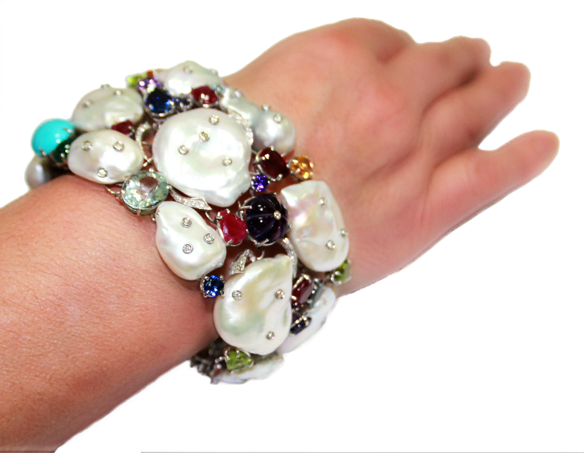 Handcraft Australian Pearls 18 Karat White Gold Diamonds Cuff Bracelet For Sale 13
