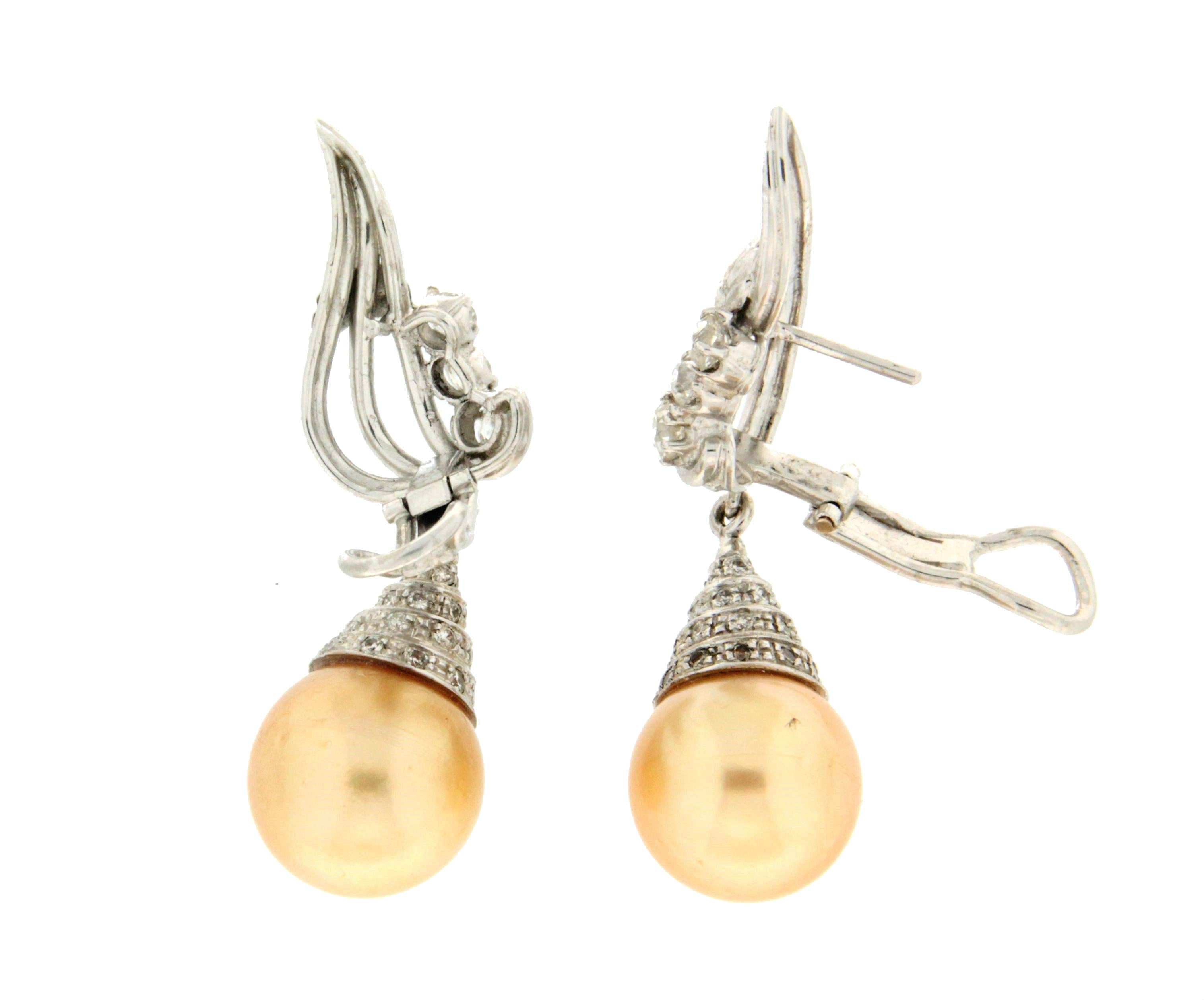 Artisan Handcraft Australian Pearls 18 Karat White Gold Diamonds Drop Earrings For Sale