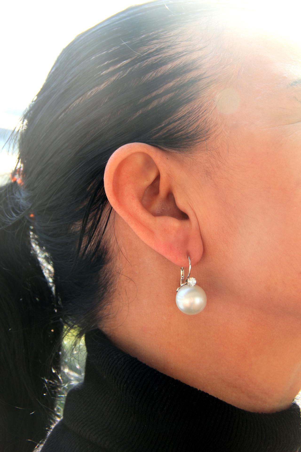 Women's or Men's Handcraft Australian Pearls 18 Karat White Gold Diamonds Drop Earrings For Sale
