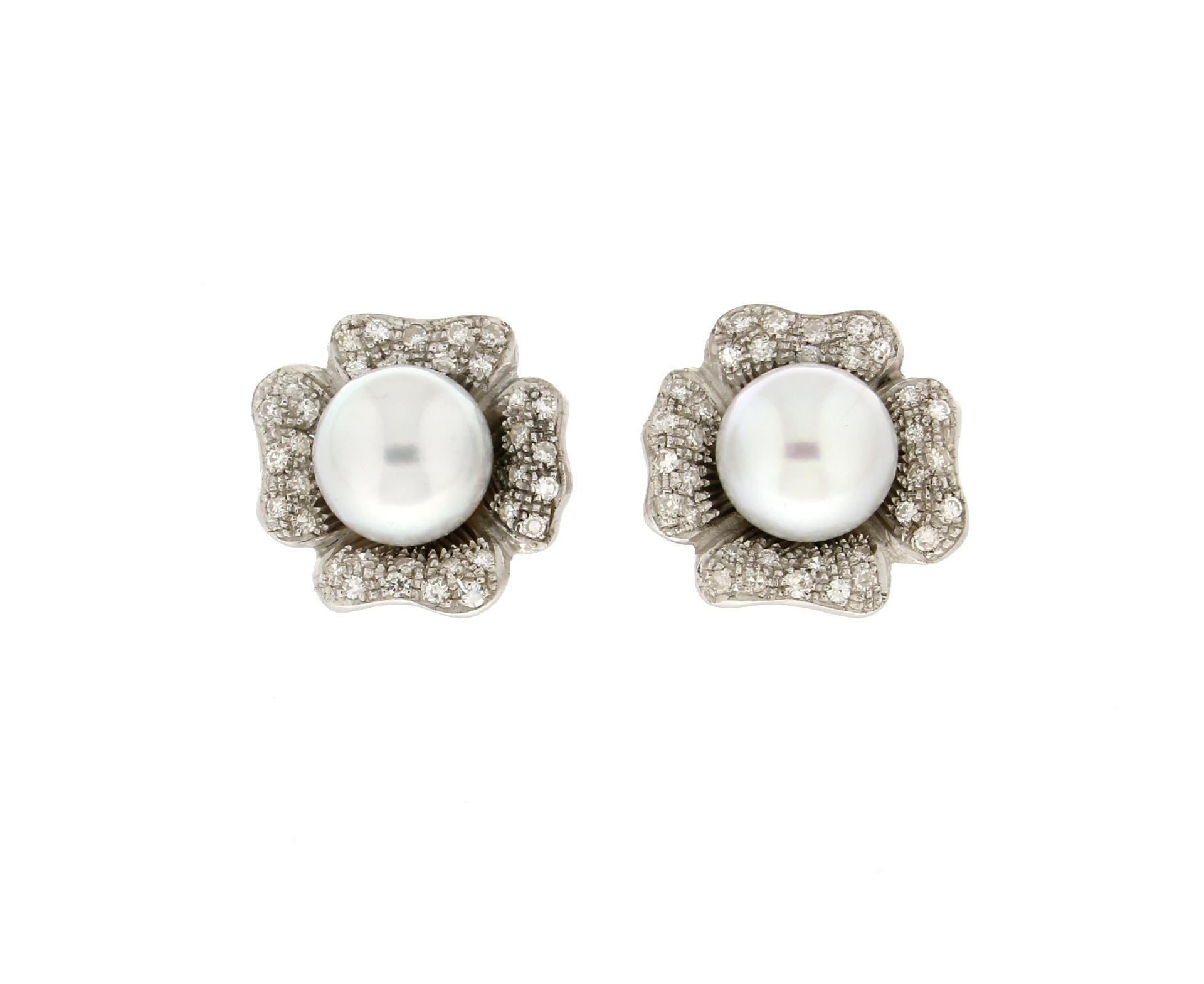 Artisan Handcraft Australian Pearls 18 Karat White Gold Diamonds Stud Earrings For Sale