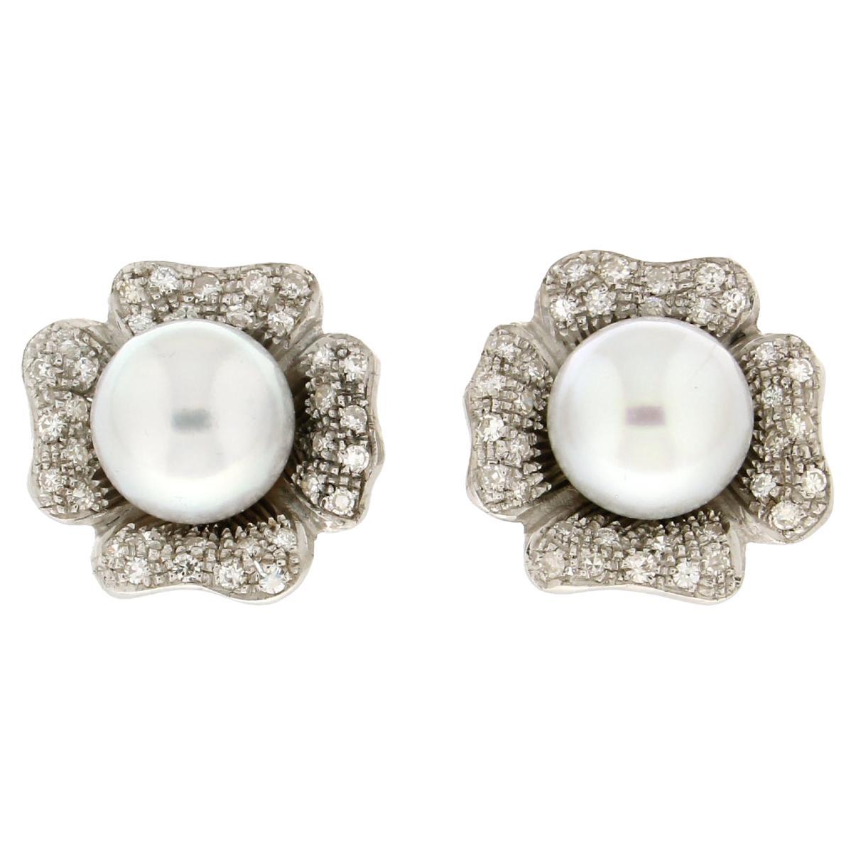 Handcraft Australian Pearls 18 Karat White Gold Diamonds Stud Earrings For Sale