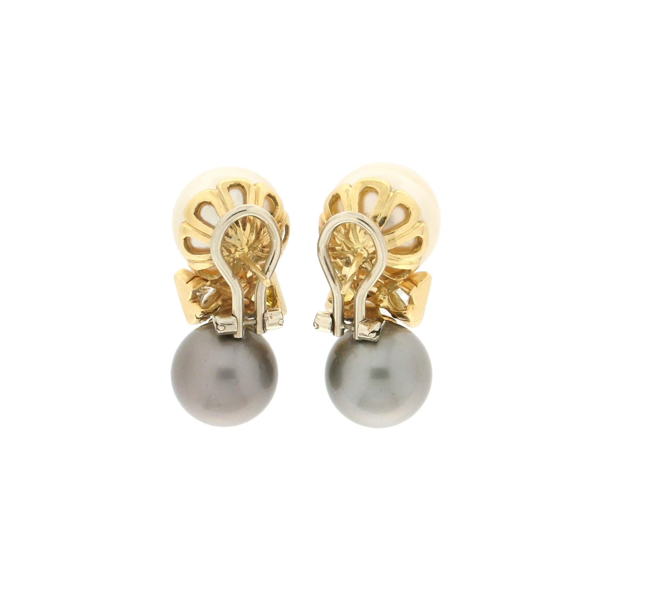 Mixed Cut Handcraft Australian Pearls 18 Karat Yellow Gold Fancy Diamonds Stud Earrings For Sale