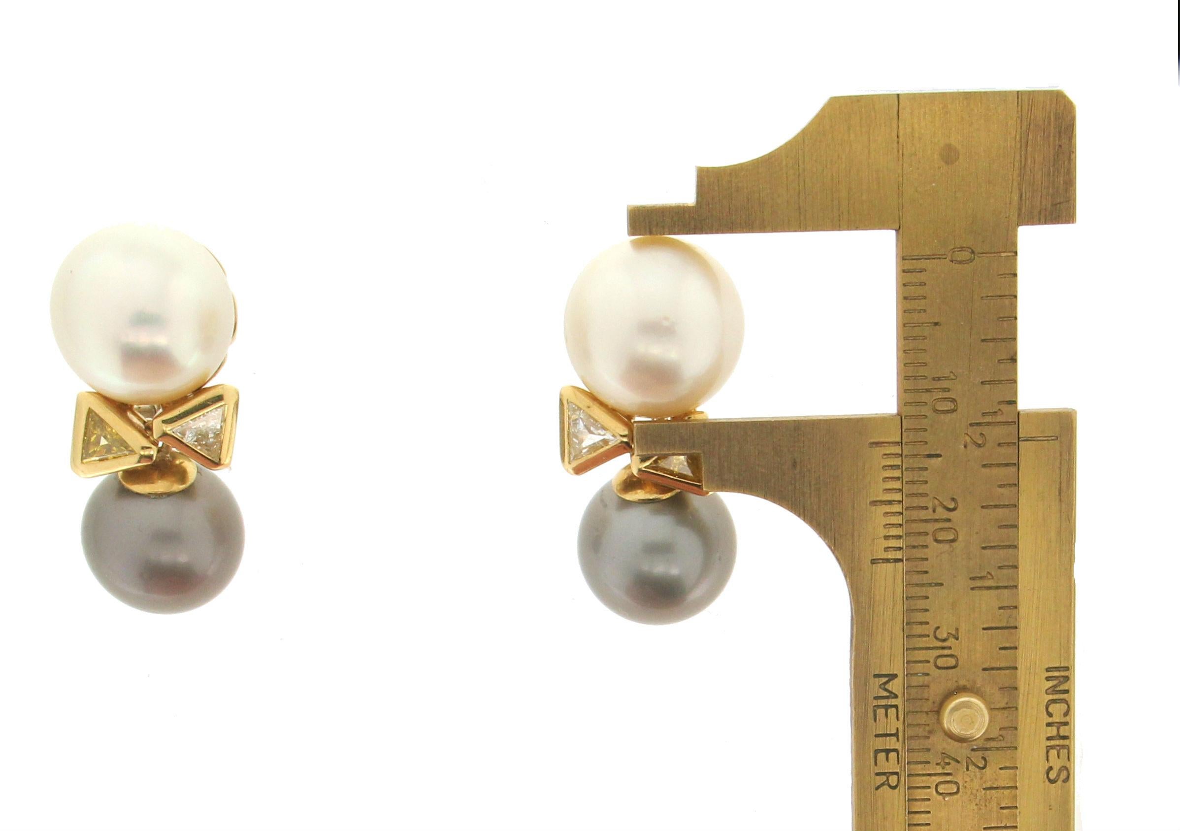 Women's or Men's Handcraft Australian Pearls 18 Karat Yellow Gold Fancy Diamonds Stud Earrings For Sale