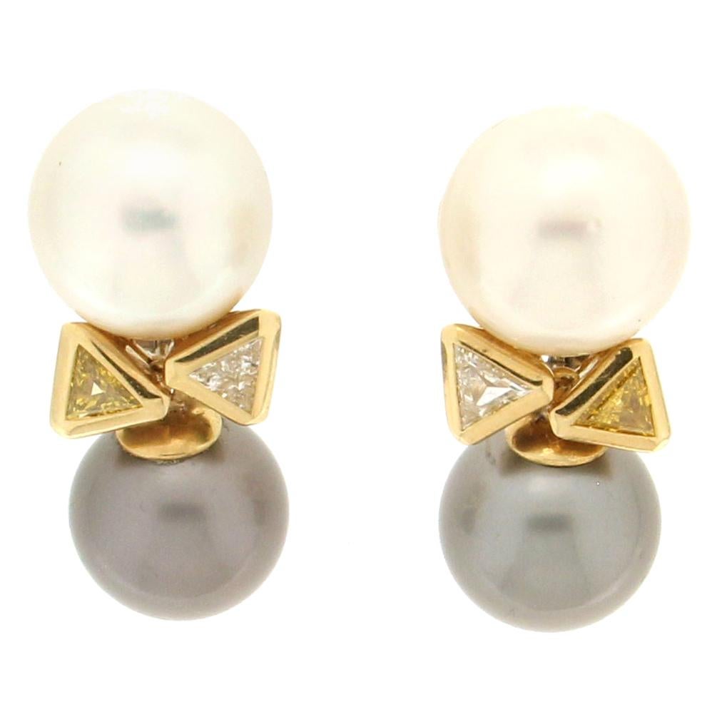 Handcraft Australian Pearls 18 Karat Yellow Gold Fancy Diamonds Stud Earrings