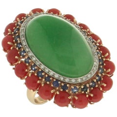 Handcraft Aventurine 14 Karat Yellow Gold Sapphires Coral Diamonds Cocktail Ring