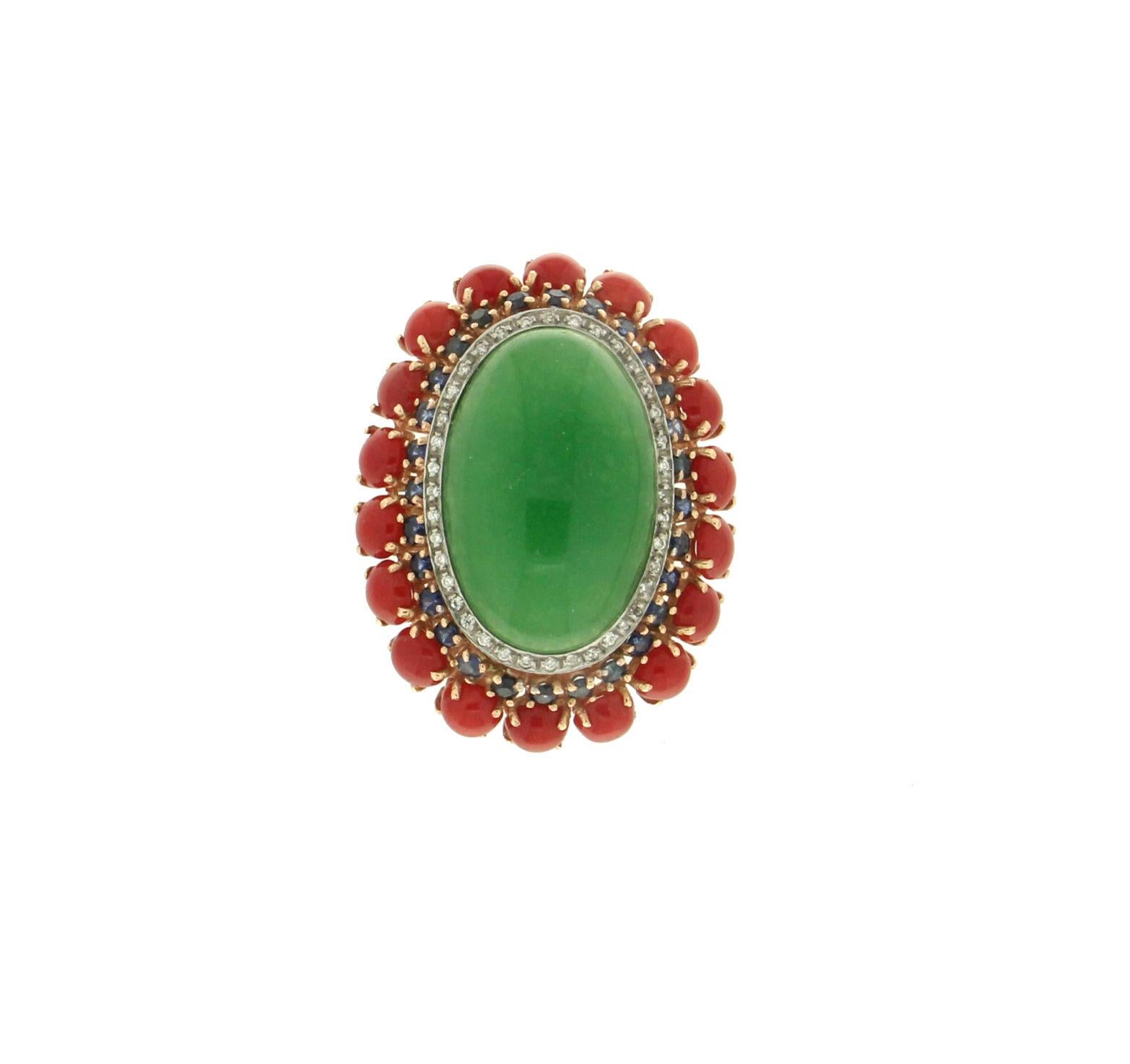 Mixed Cut Handcraft Aventurine 14 Karat Yellow Gold Sapphires Coral Diamonds Cocktail Ring For Sale