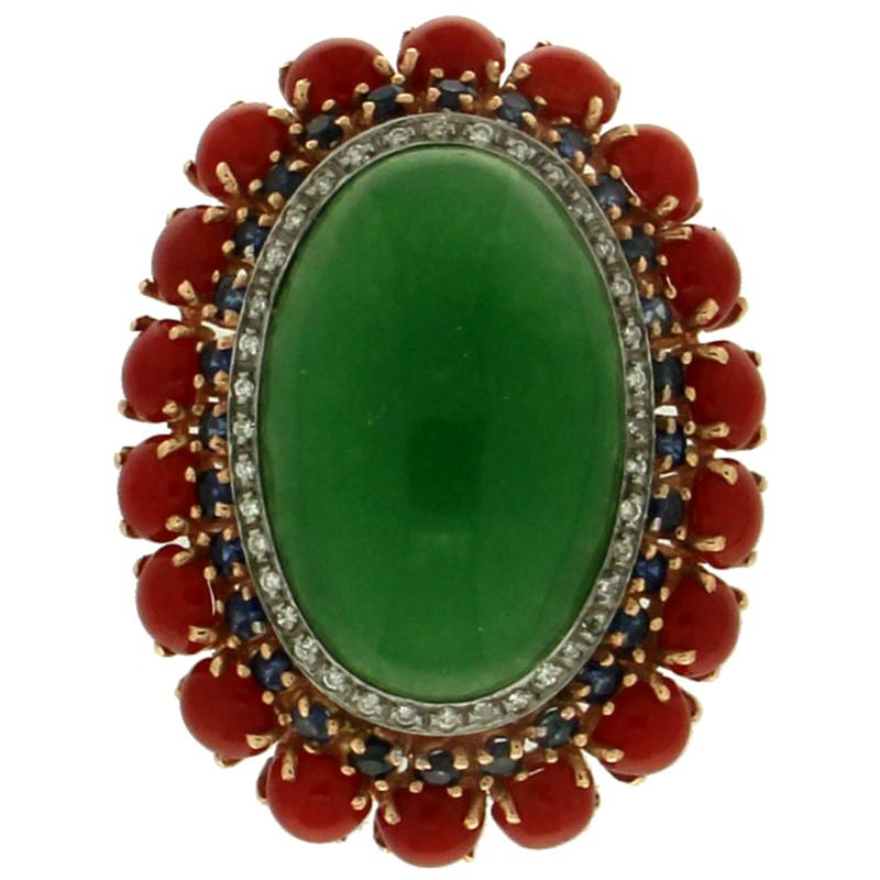 Artesanía Aventurina 14 Kilates Oro Amarillo Zafiros Coral Diamantes Anillo de Cóctel en venta
