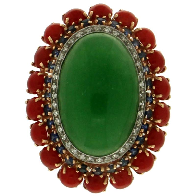 Handcraft Aventurine 14 Karat Yellow Gold Sapphires Coral Diamonds Cocktail Ring