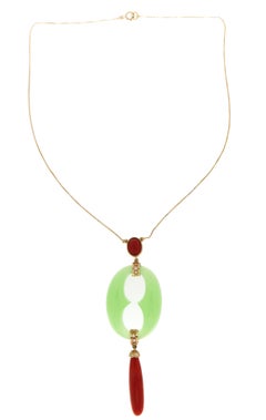 Handcraft Aventurine 18 Karat Yellow Gold Diamonds Coral Pendant Necklace