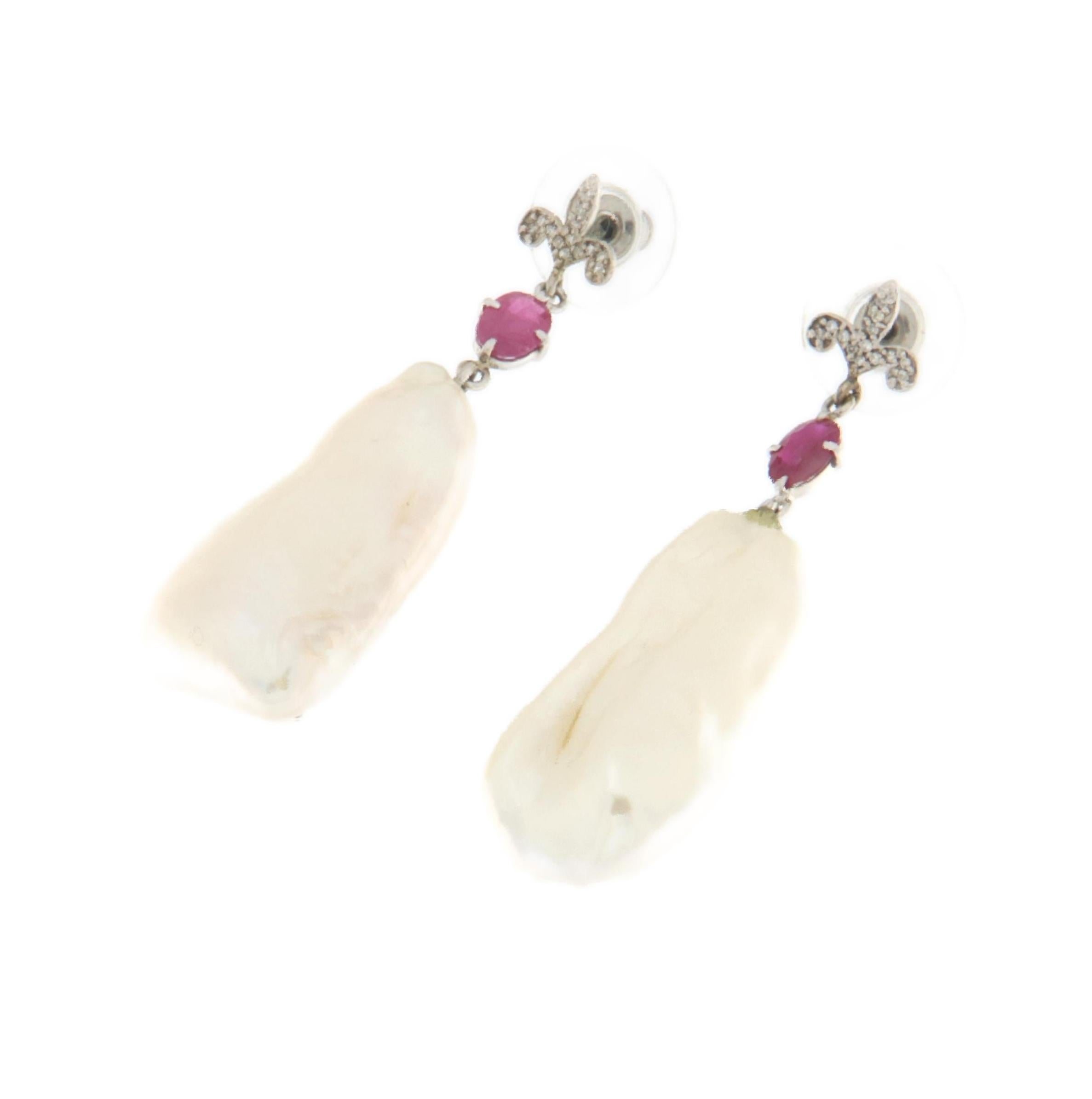 Women's or Men's Handcraft Baroque Pearl 18 Karat White Gold Diamonds Ruby Drop Earrings For Sale