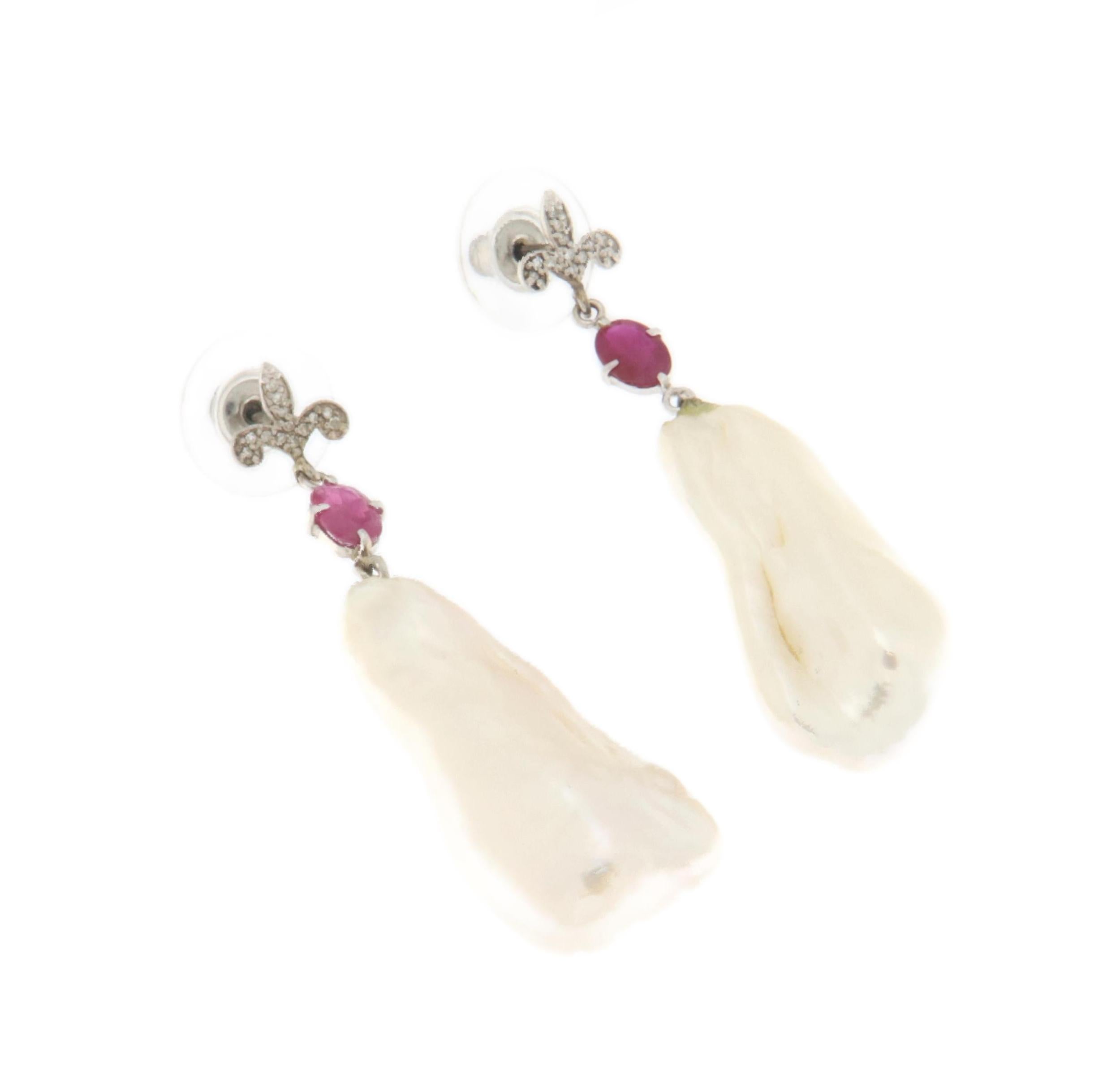Handcraft Baroque Pearl 18 Karat White Gold Diamonds Ruby Drop Earrings For Sale 1