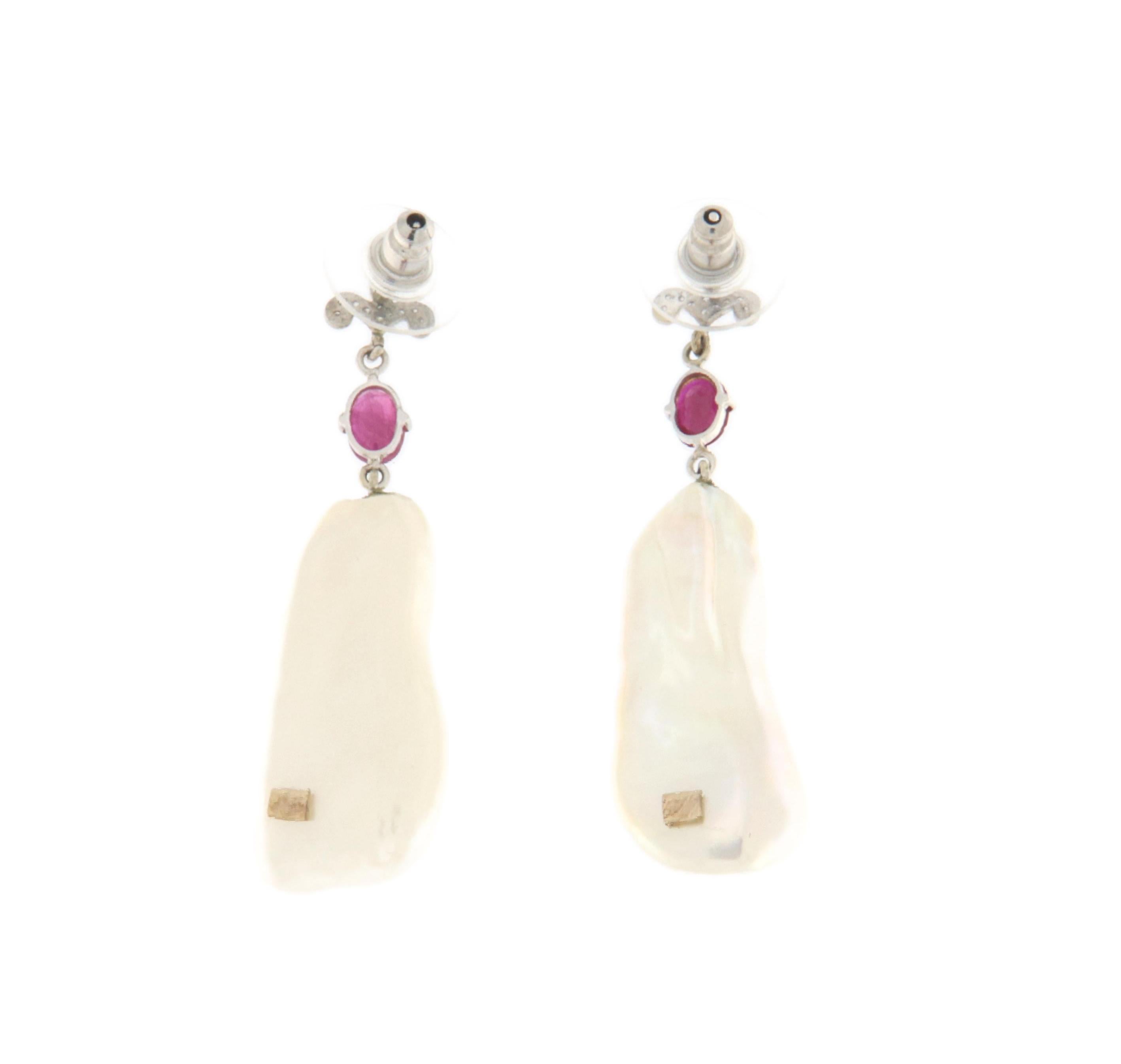 Handcraft Baroque Pearl 18 Karat White Gold Diamonds Ruby Drop Earrings For Sale 2