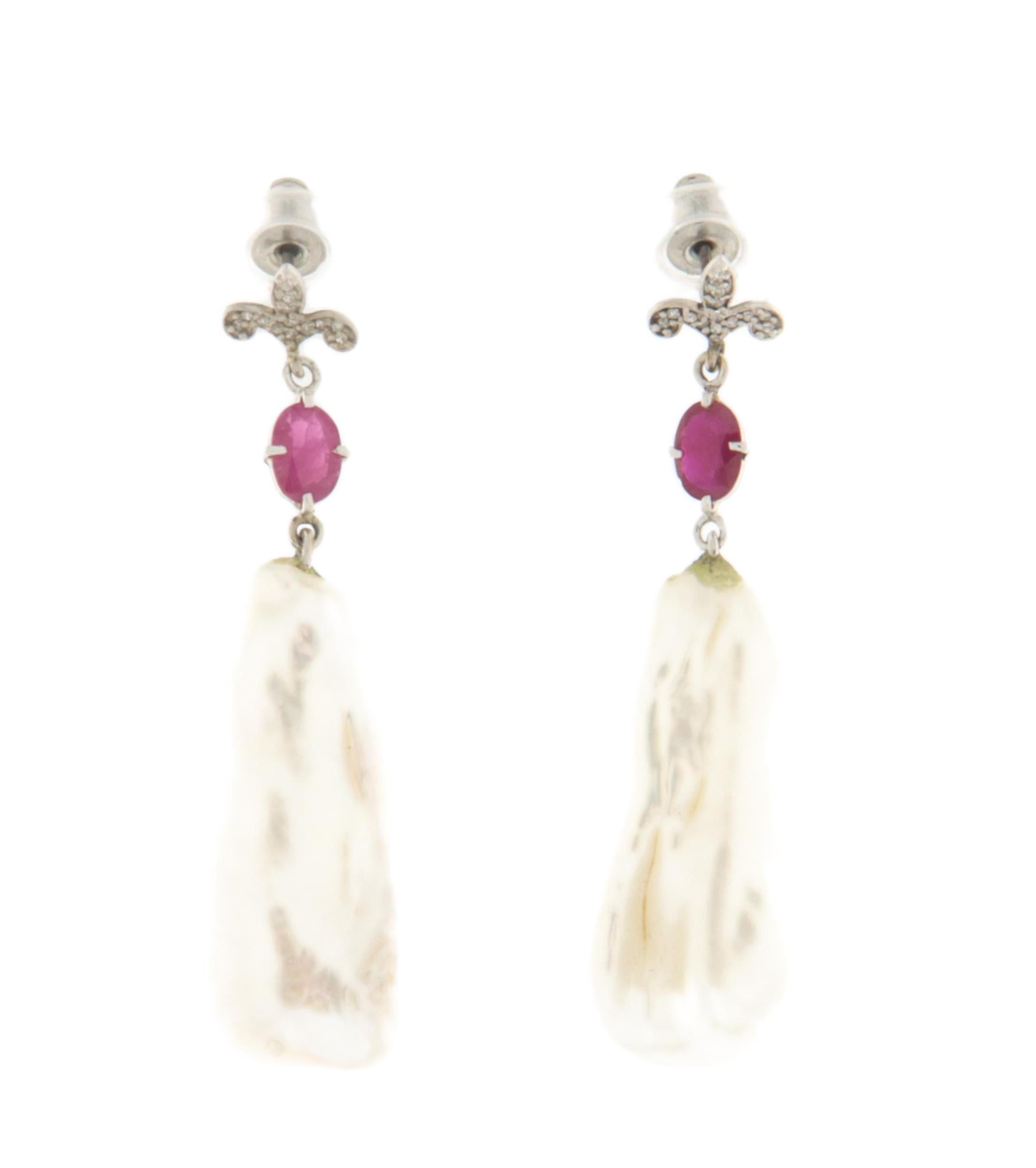 Handcraft Baroque Pearl 18 Karat White Gold Diamonds Ruby Drop Earrings For Sale 4