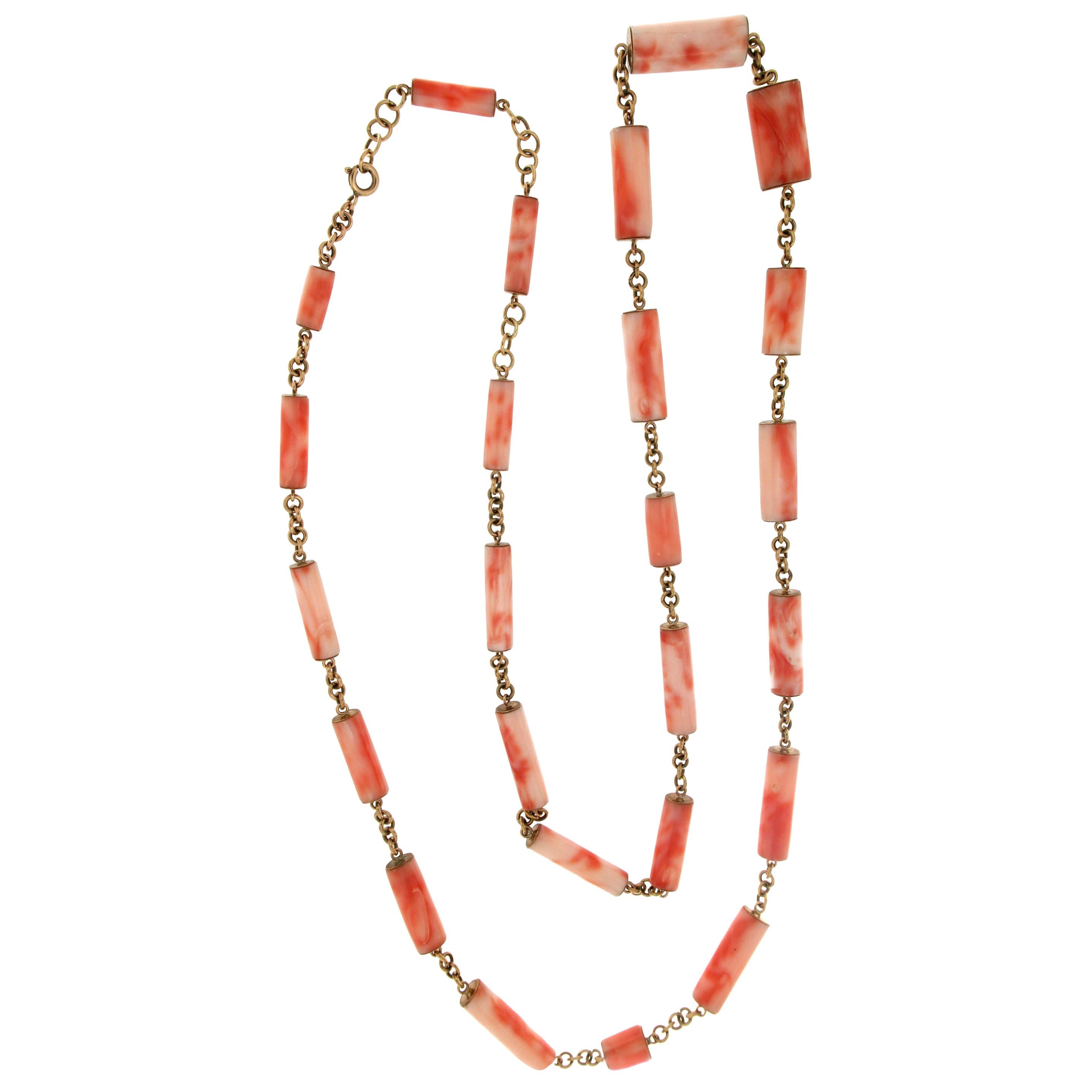 Handcraft Barrels Coral 14 Karat Yellow Gold Chain Necklace For Sale