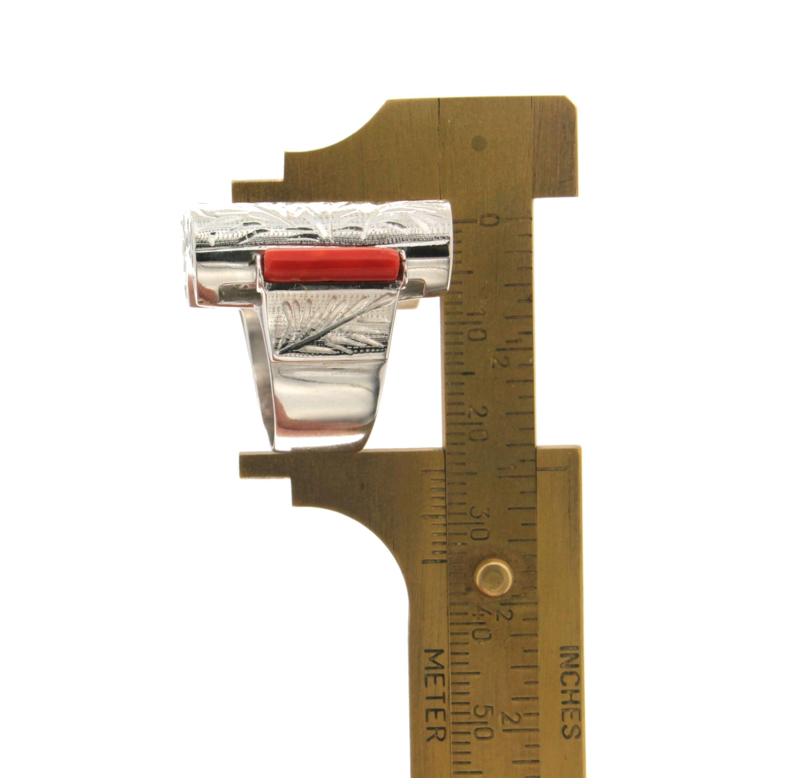 Handcraft Barrels Coral 18 Karat White Gold Diamonds Cocktail Ring For Sale 4