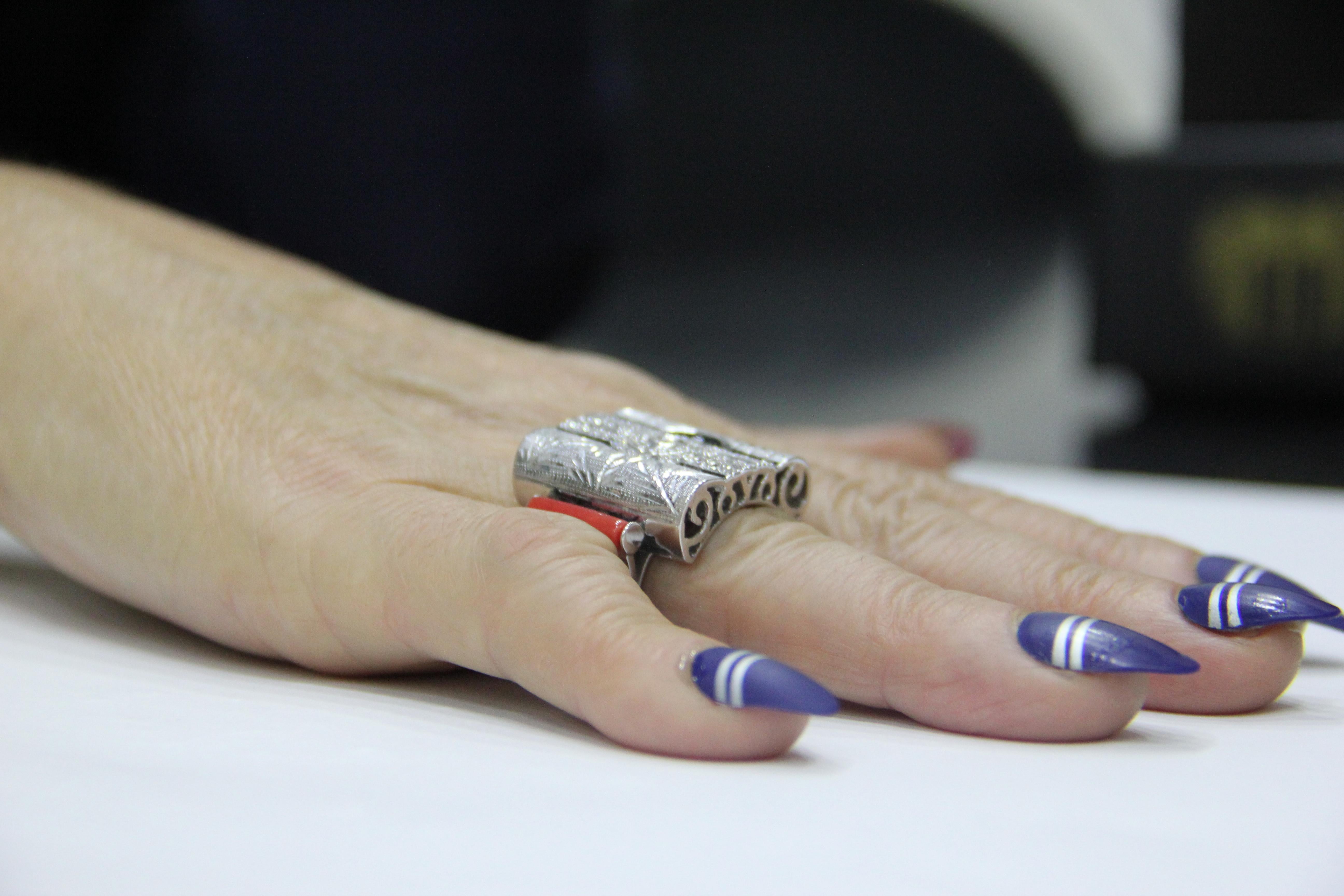 Handcraft Barrels Coral 18 Karat White Gold Diamonds Cocktail Ring For Sale 6