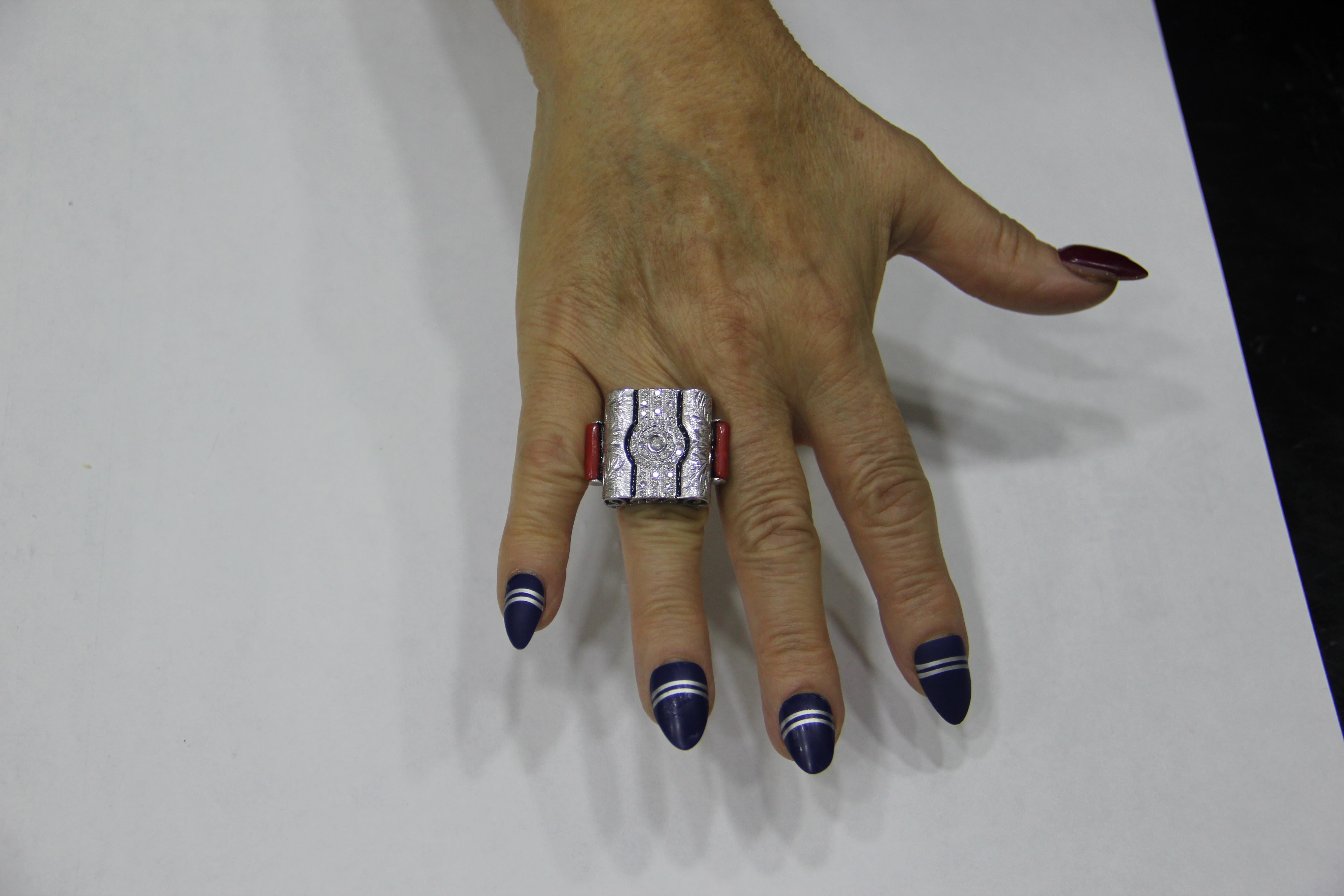 Handcraft Barrels Coral 18 Karat White Gold Diamonds Cocktail Ring For Sale 8