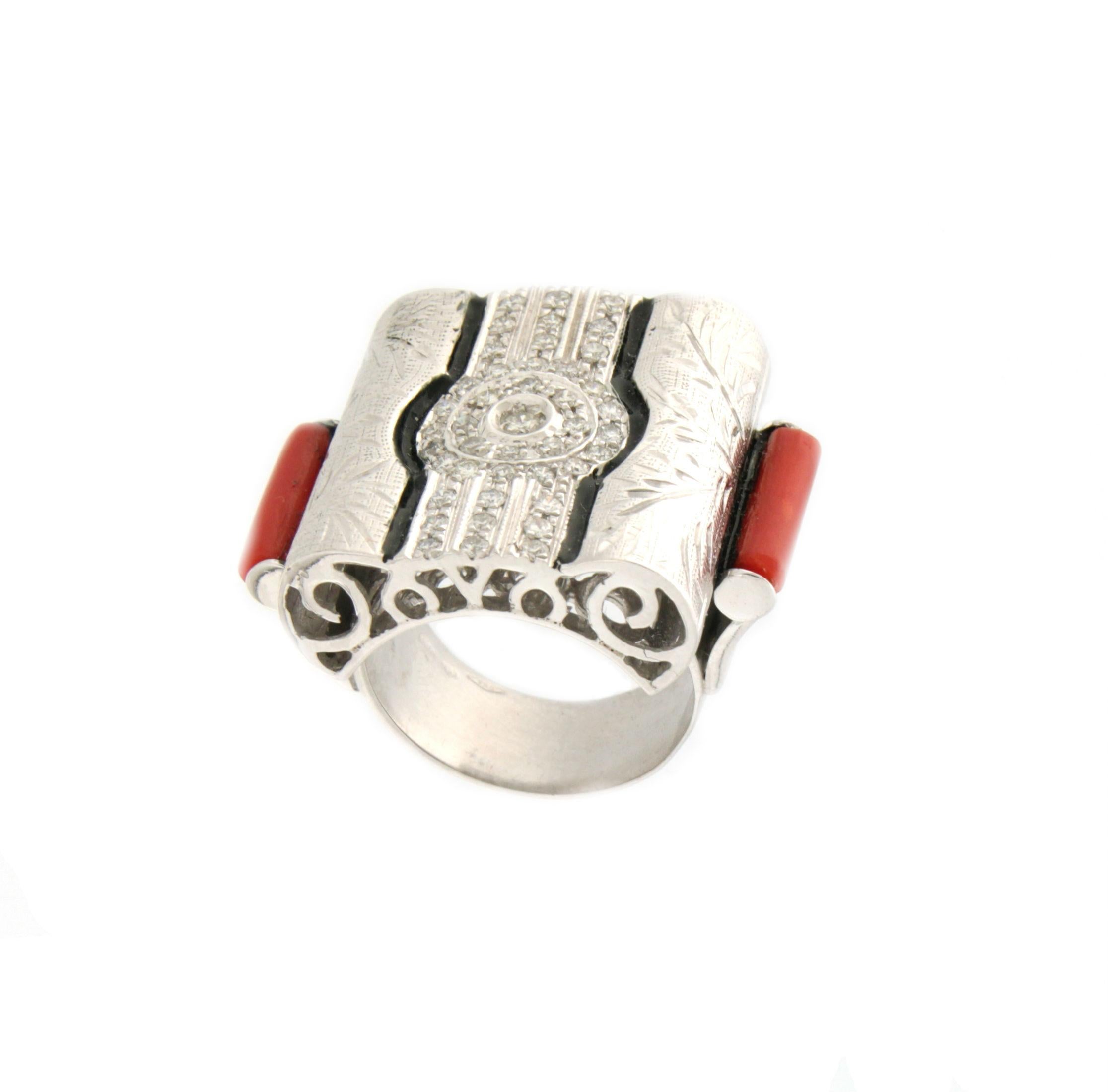 Artisan Handcraft Barrels Coral 18 Karat White Gold Diamonds Cocktail Ring For Sale