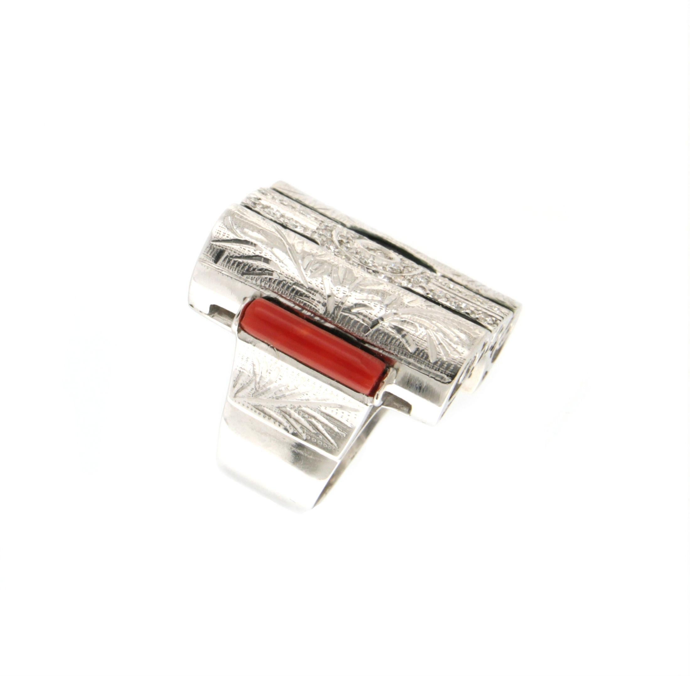 Brilliant Cut Handcraft Barrels Coral 18 Karat White Gold Diamonds Cocktail Ring For Sale