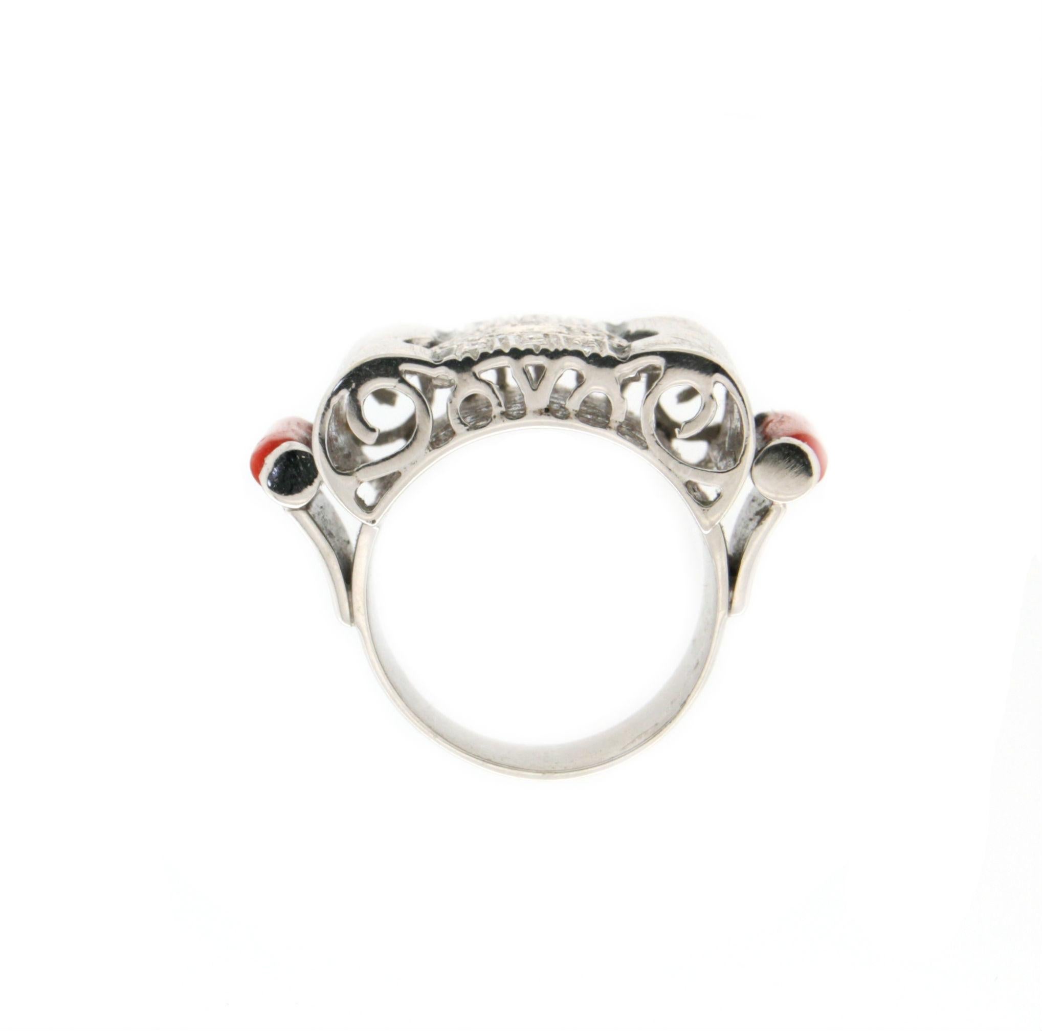 Women's Handcraft Barrels Coral 18 Karat White Gold Diamonds Cocktail Ring For Sale