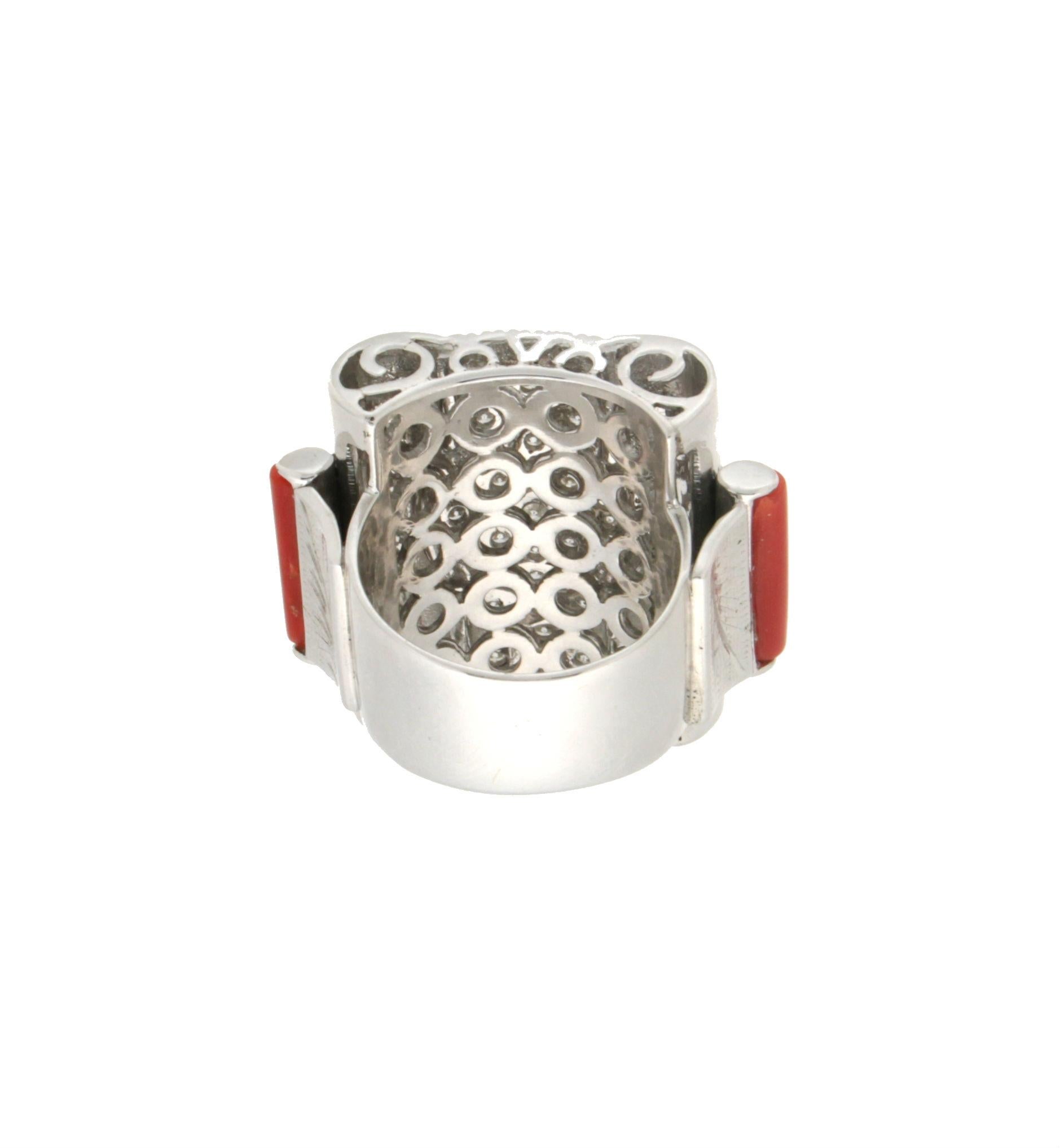 Handcraft Barrels Coral 18 Karat White Gold Diamonds Cocktail Ring For Sale 1