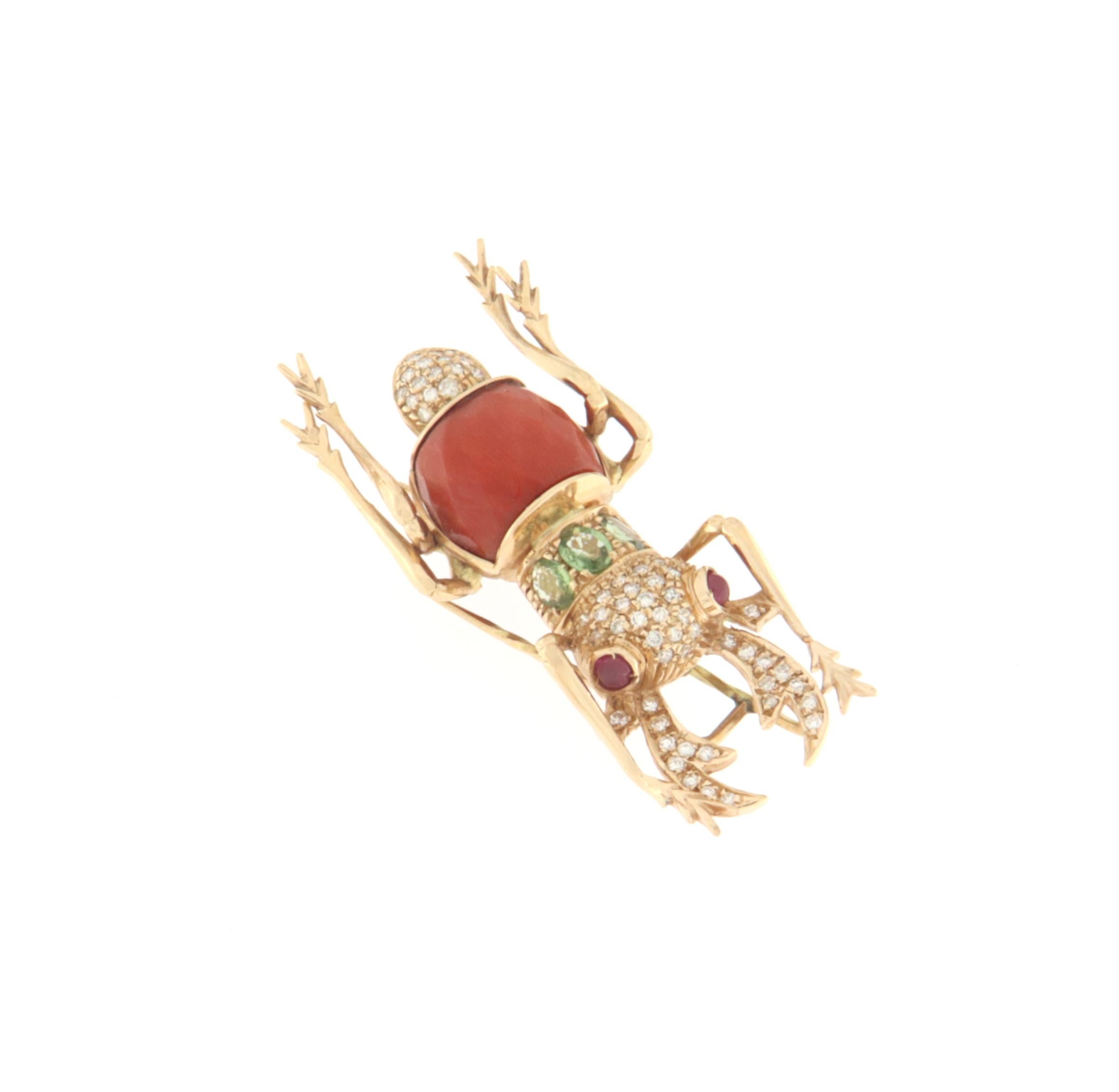 Artisan Handcraft Beetle 14 Karat Yellow Gold Coral Ruby Tourmaline Diamonds Brooch For Sale