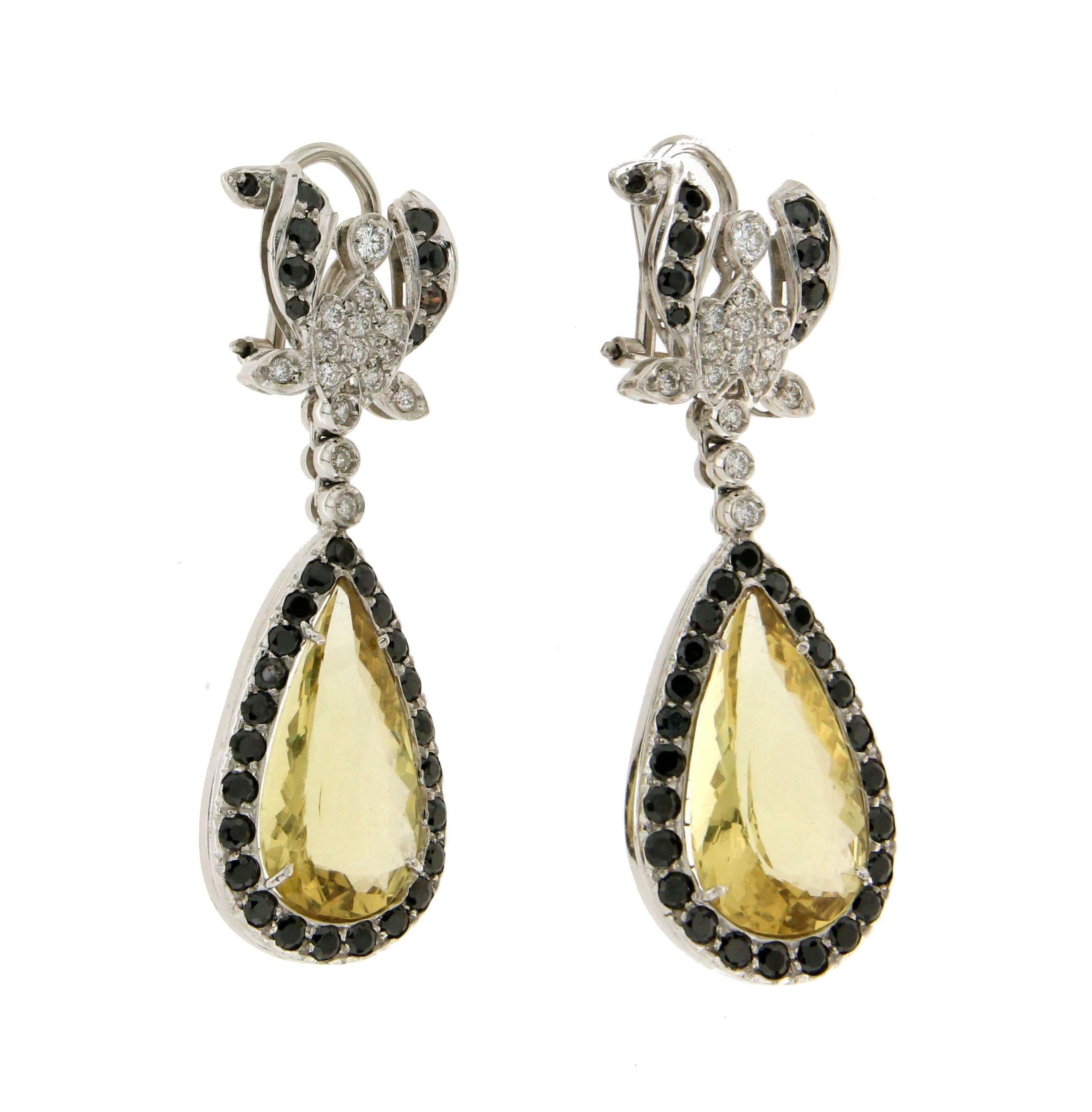Mixed Cut Handcraft Beryl 18 Karat White Gold Diamonds Drop Earrings For Sale