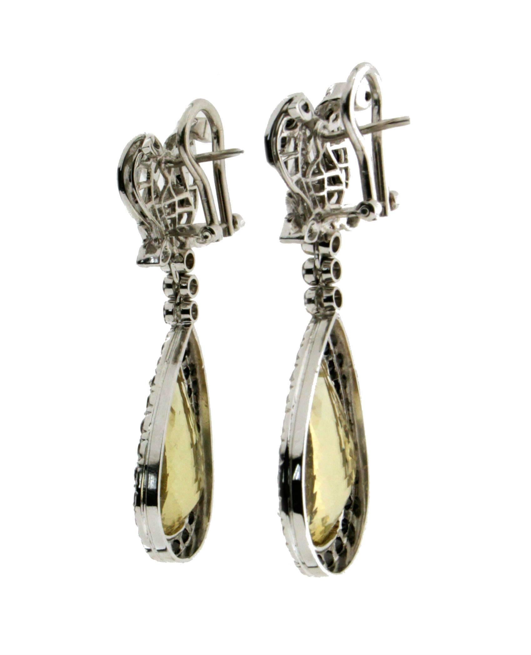 Women's or Men's Handcraft Beryl 18 Karat White Gold Diamonds Drop Earrings For Sale