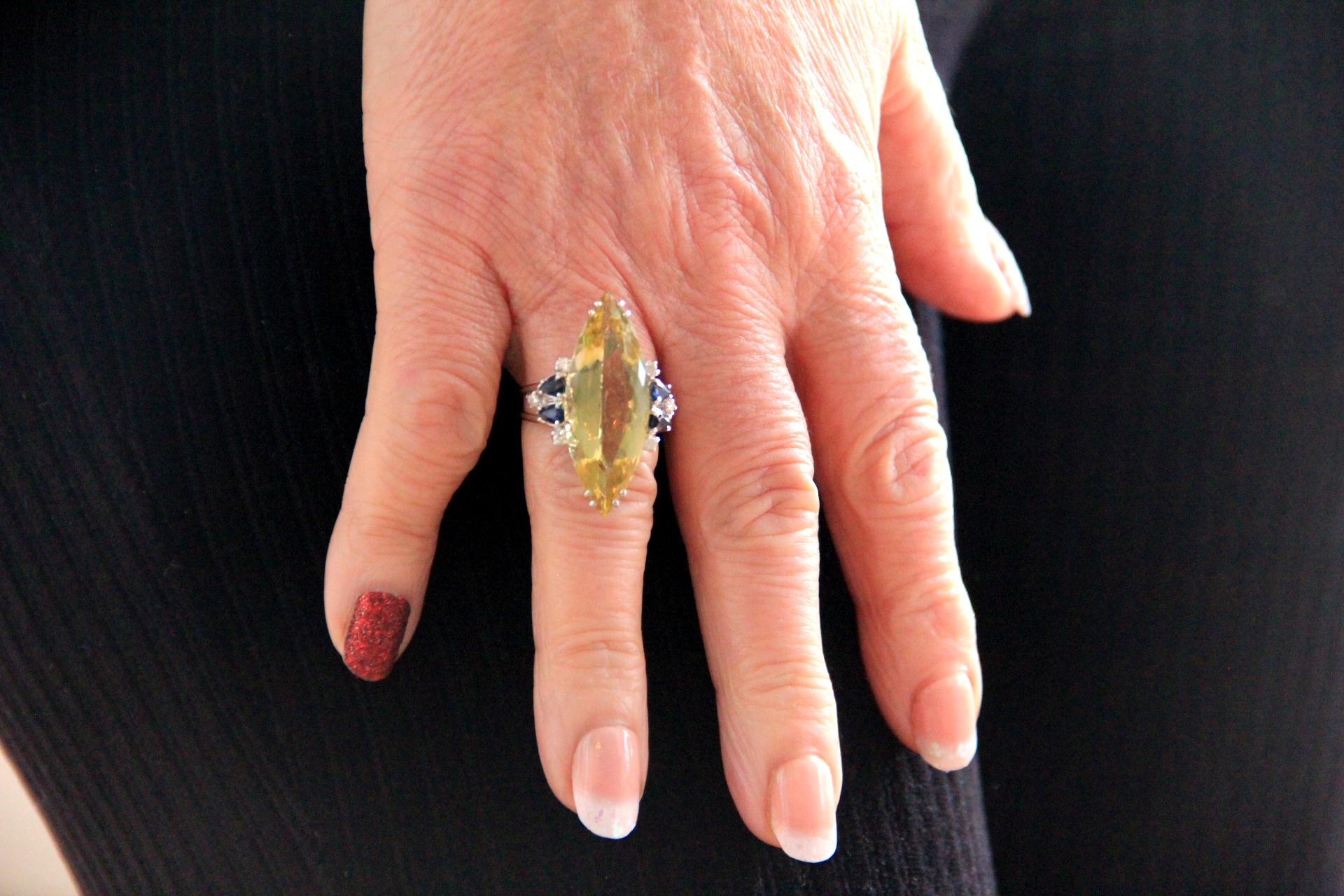 Handcraft Beryl 18 Karat White Gold Diamonds Sapphires Cocktail Ring For Sale 4