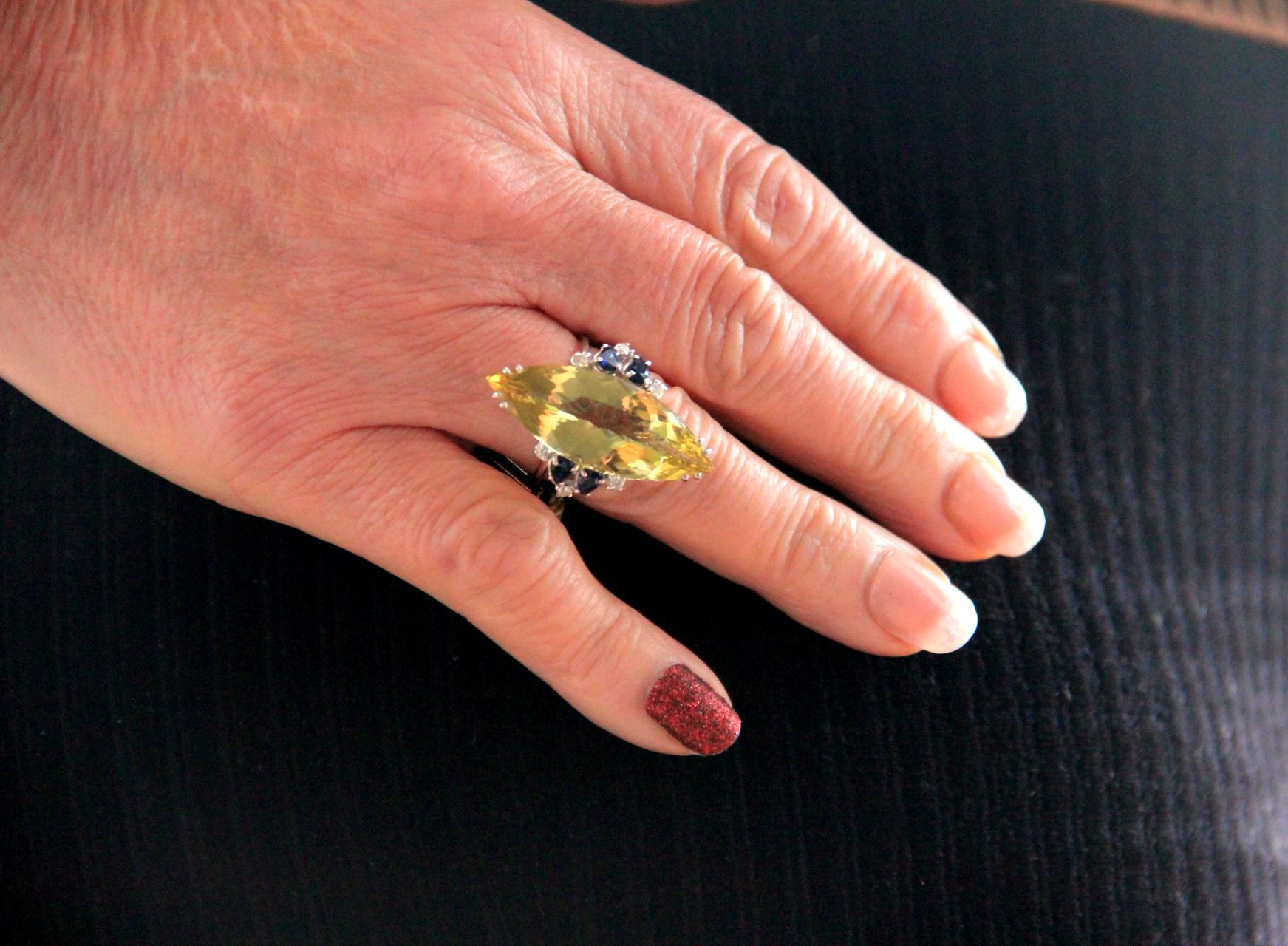 Handcraft Beryl 18 Karat White Gold Diamonds Sapphires Cocktail Ring For Sale 5