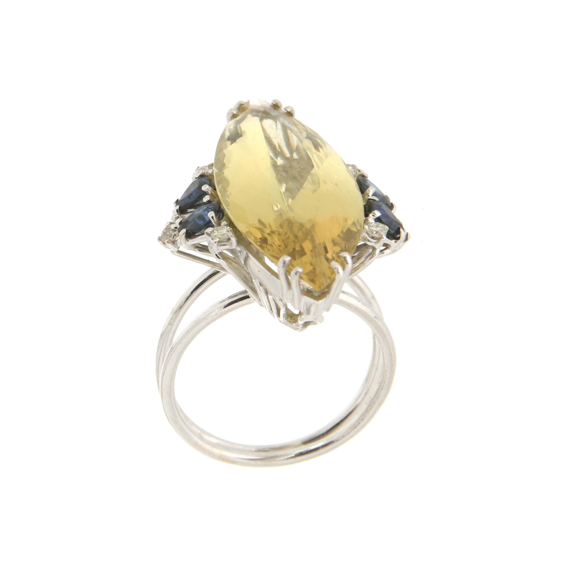 Artisan Handcraft Beryl 18 Karat White Gold Diamonds Sapphires Cocktail Ring For Sale