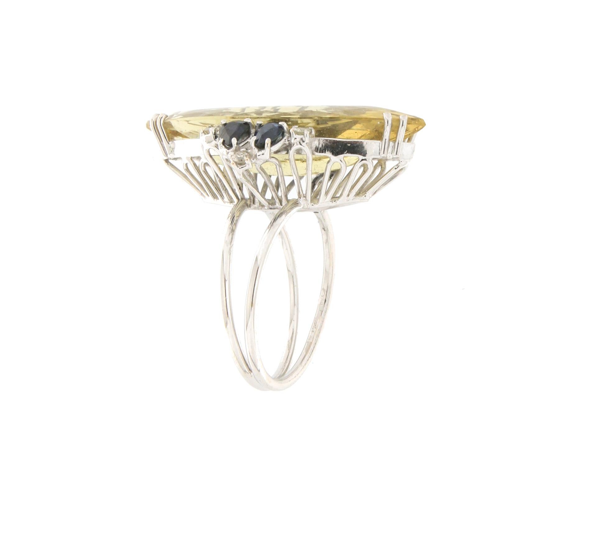 Brilliant Cut Handcraft Beryl 18 Karat White Gold Diamonds Sapphires Cocktail Ring For Sale