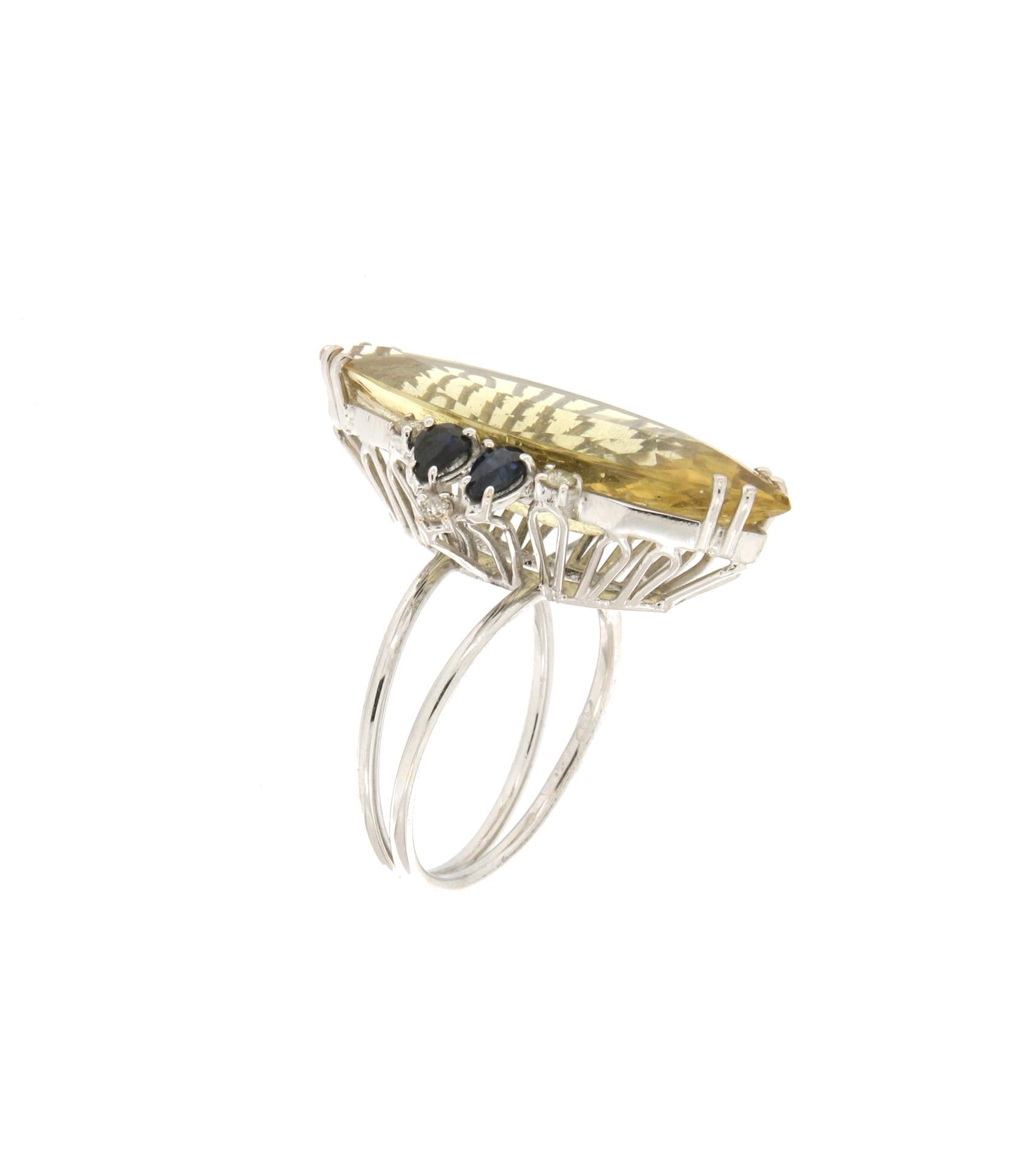 Women's Handcraft Beryl 18 Karat White Gold Diamonds Sapphires Cocktail Ring For Sale