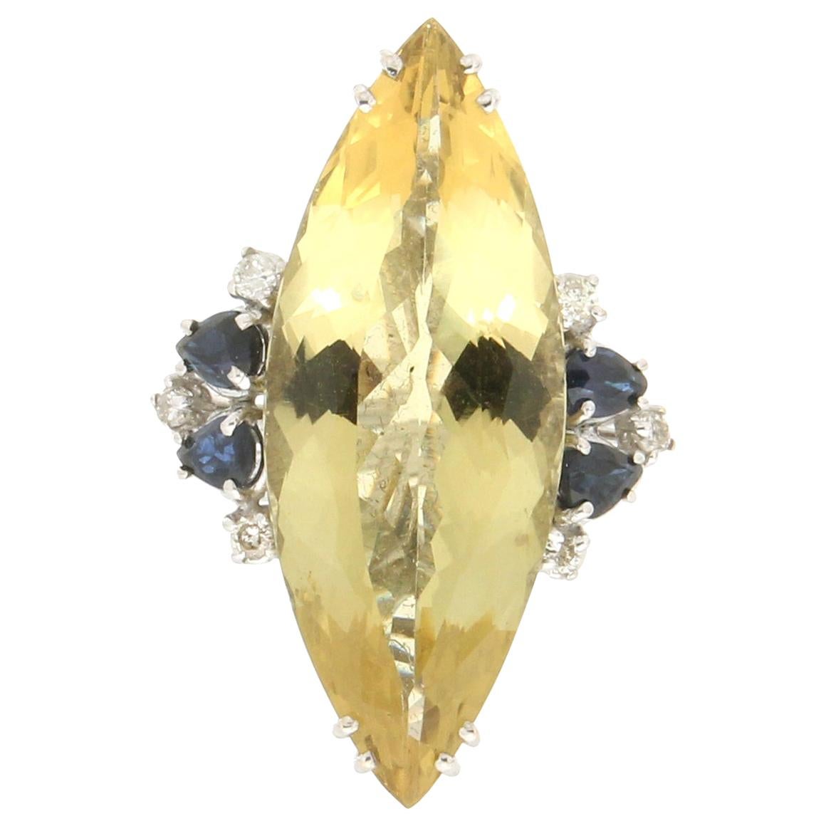 Handcraft Beryl 18 Karat White Gold Diamonds Sapphires Cocktail Ring For Sale