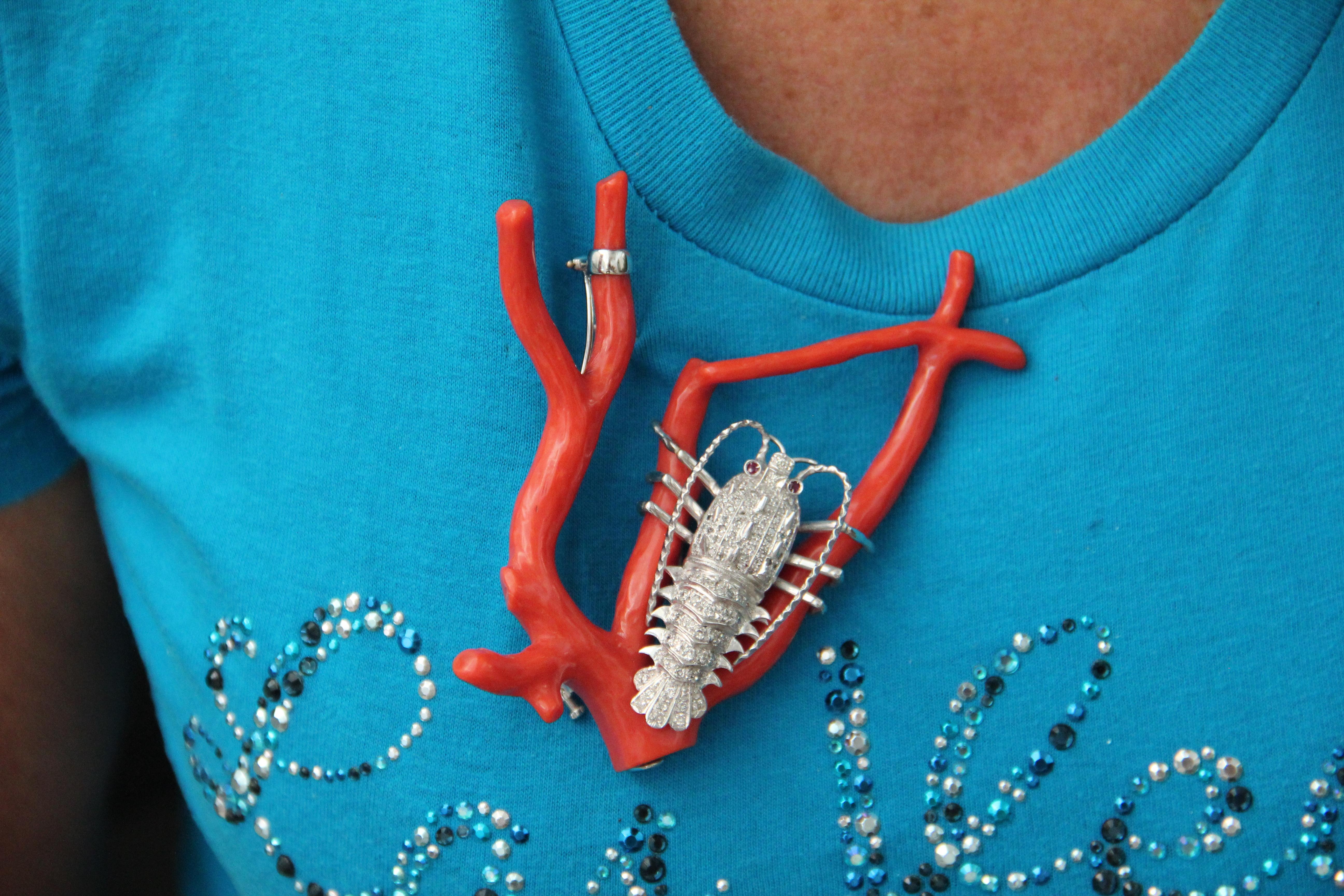 Women's or Men's Handcraft Lobster 18 Karat White Gold Coral Branch Diamonds Brooch For Sale