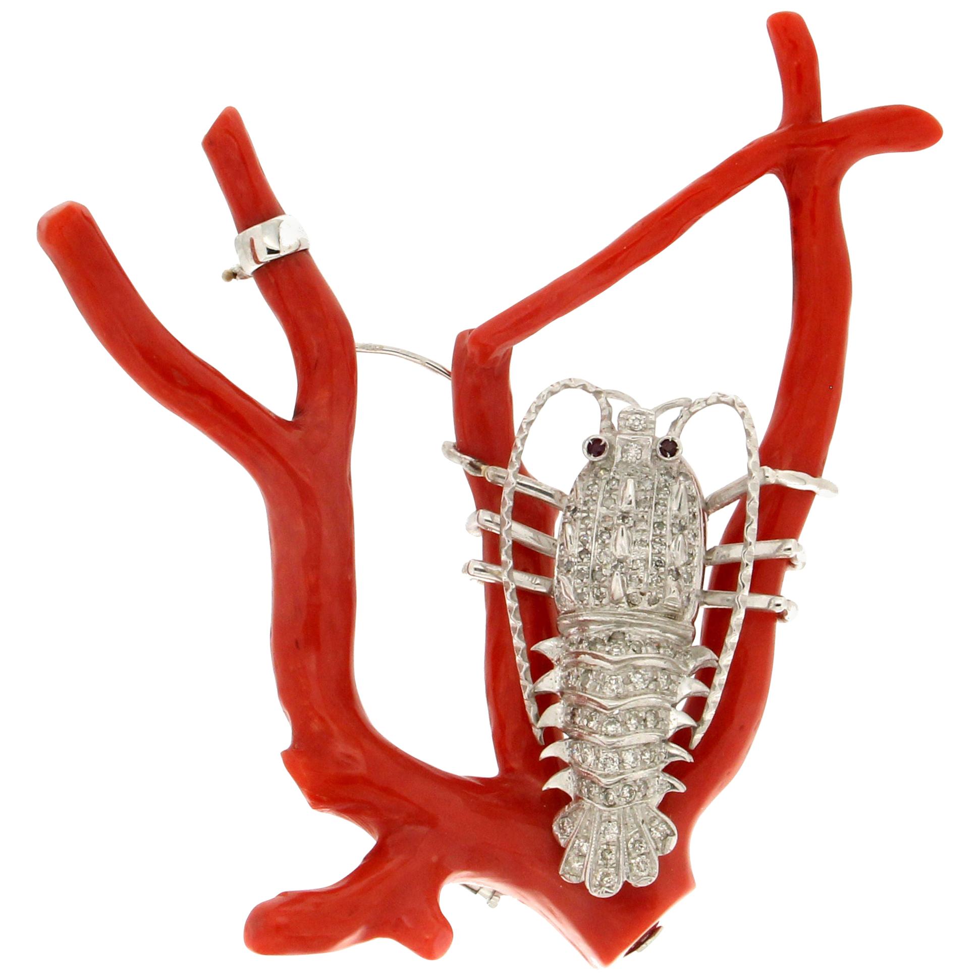 Handcraft Lobster 18 Karat White Gold Coral Branch Diamonds Brooch For Sale