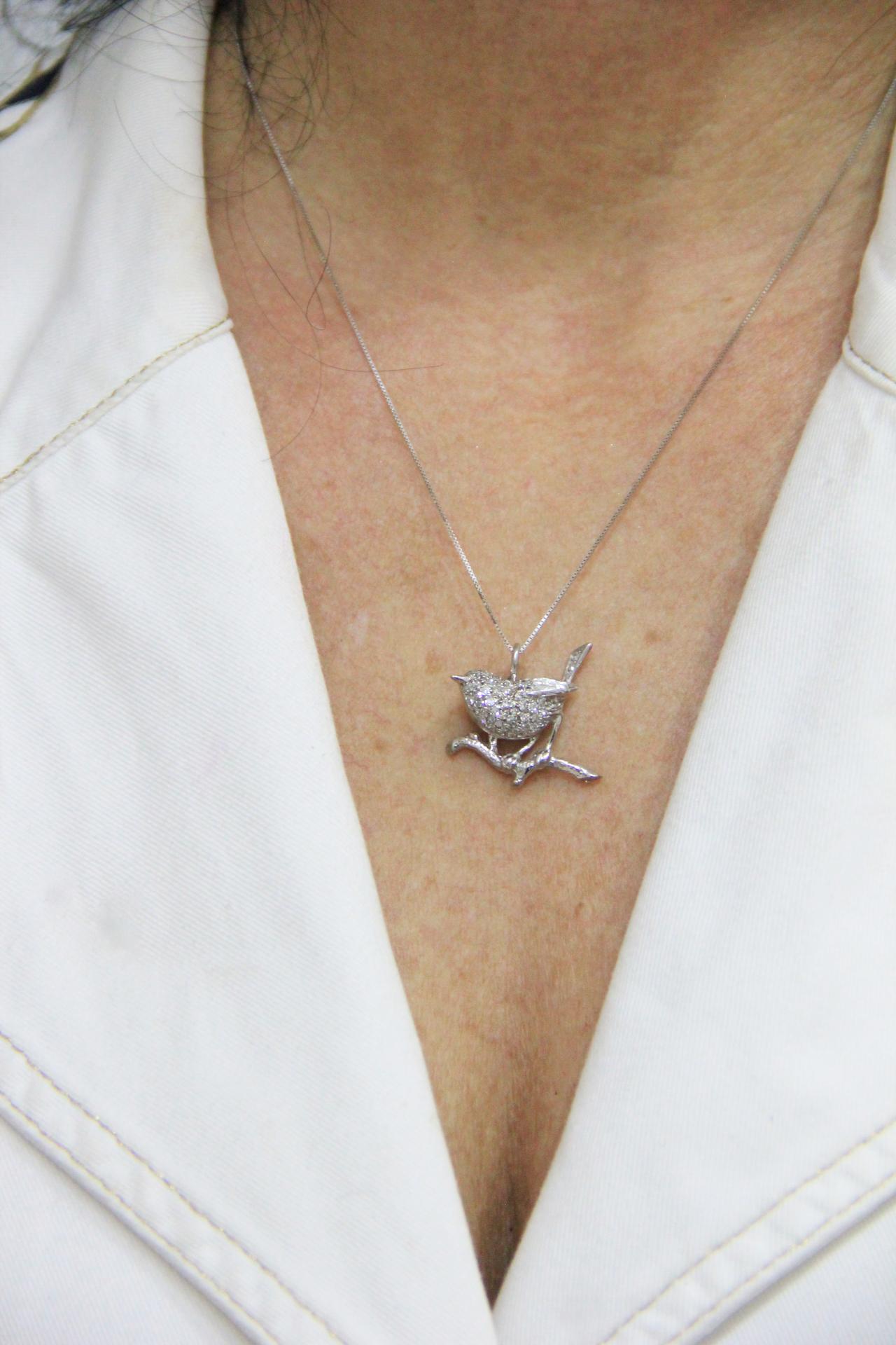 Women's or Men's Handcraft Bird 14 Karat White Gold Diamonds Pendant Necklace
