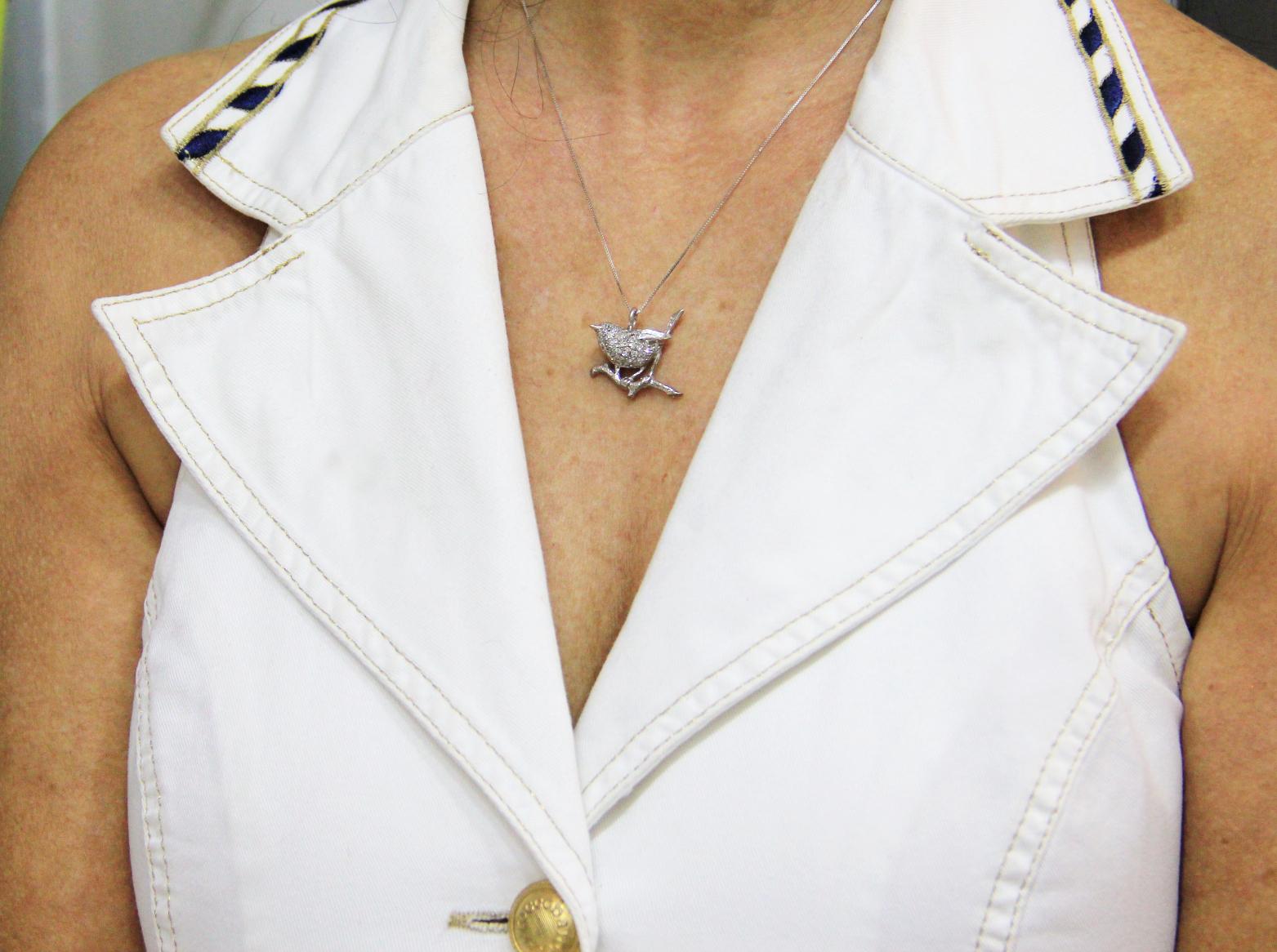 Handcraft Bird 14 Karat White Gold Diamonds Pendant Necklace 1