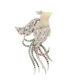 Handcraft Bird Opal 18 Karat White Gold Diamonds Sapphires Emeralds Ruby Brooch