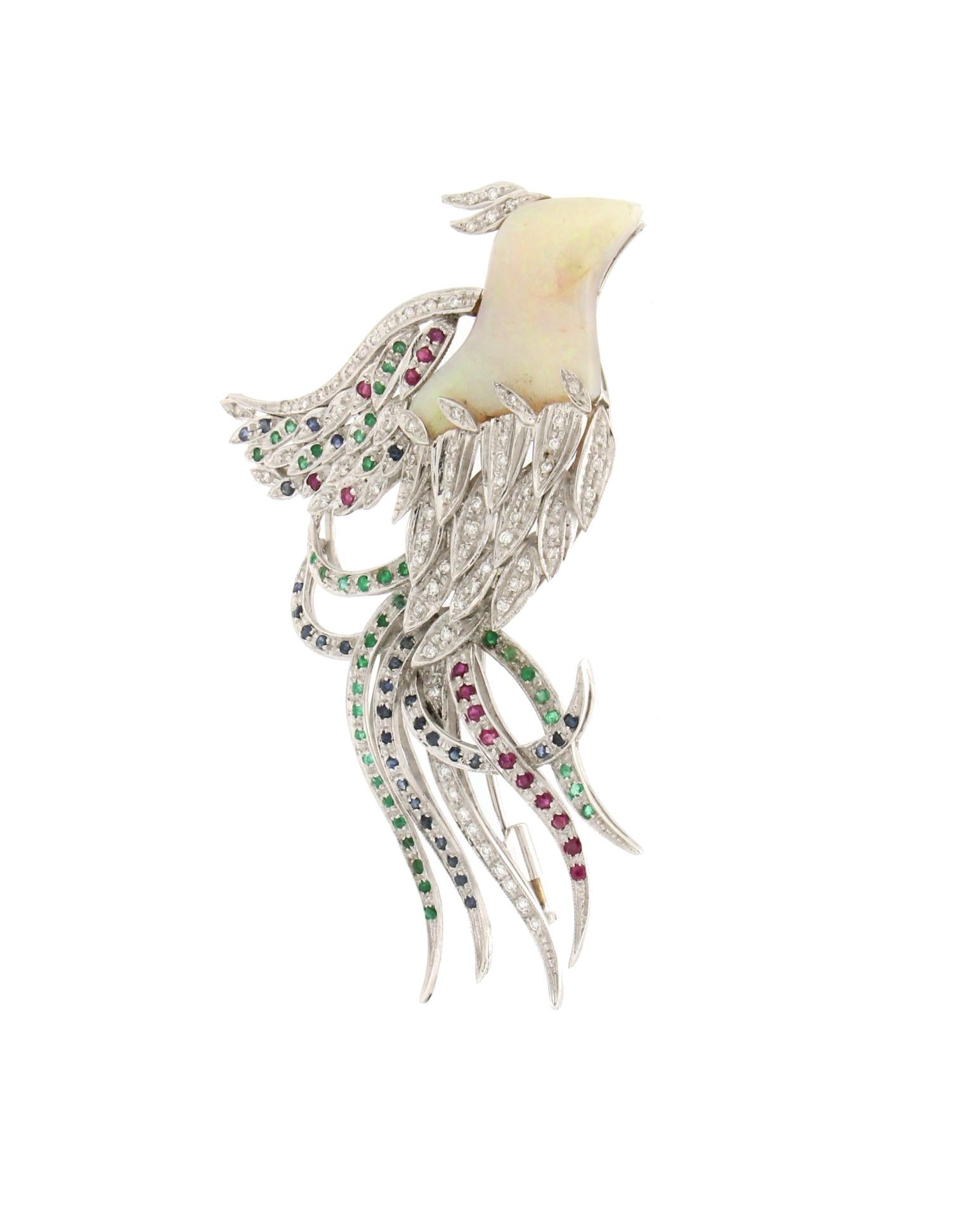 Artisan Handcraft Bird Opal 18 Karat White Gold Diamonds Sapphires Emeralds Ruby Brooch For Sale