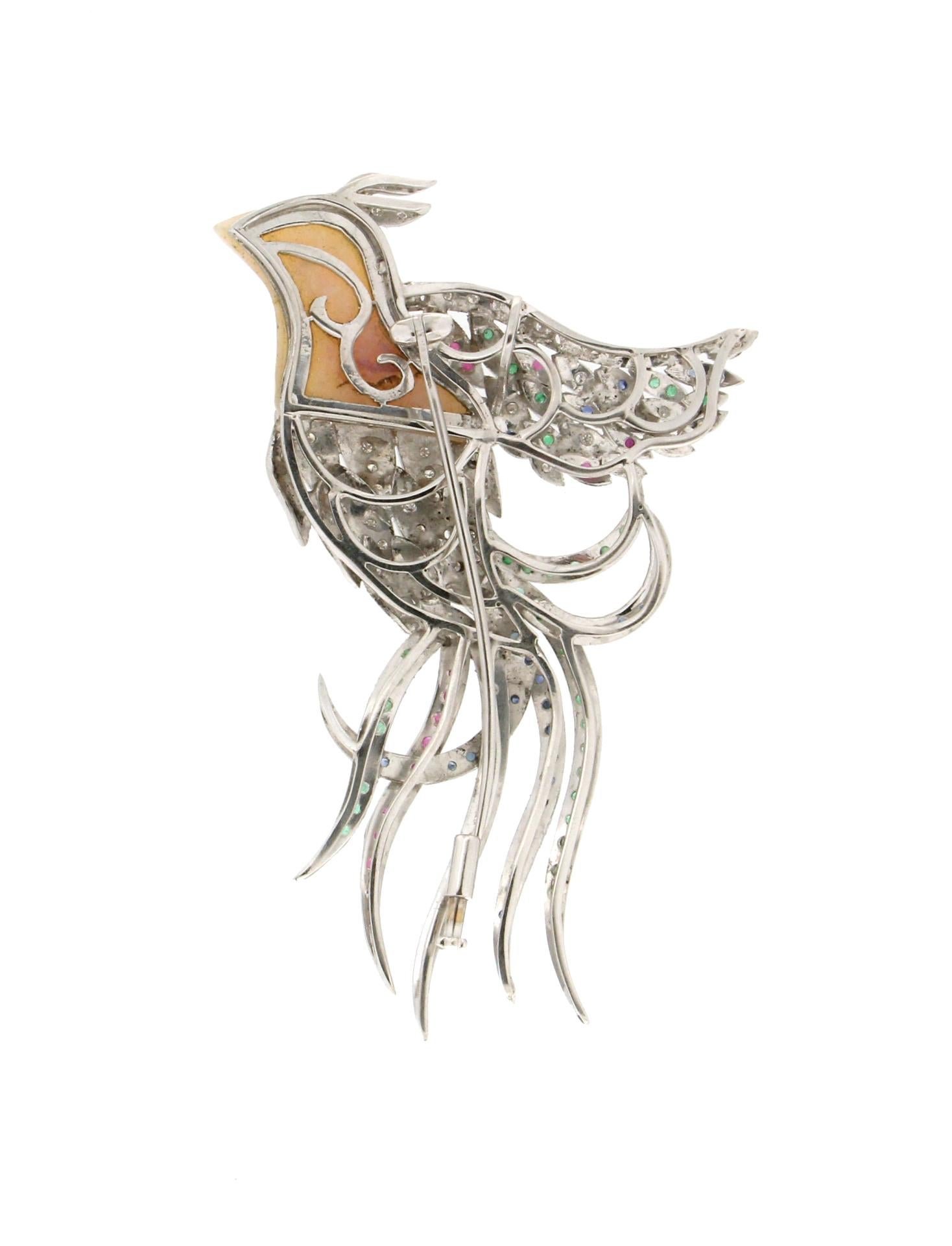 Brilliant Cut Handcraft Bird Opal 18 Karat White Gold Diamonds Sapphires Emeralds Ruby Brooch For Sale