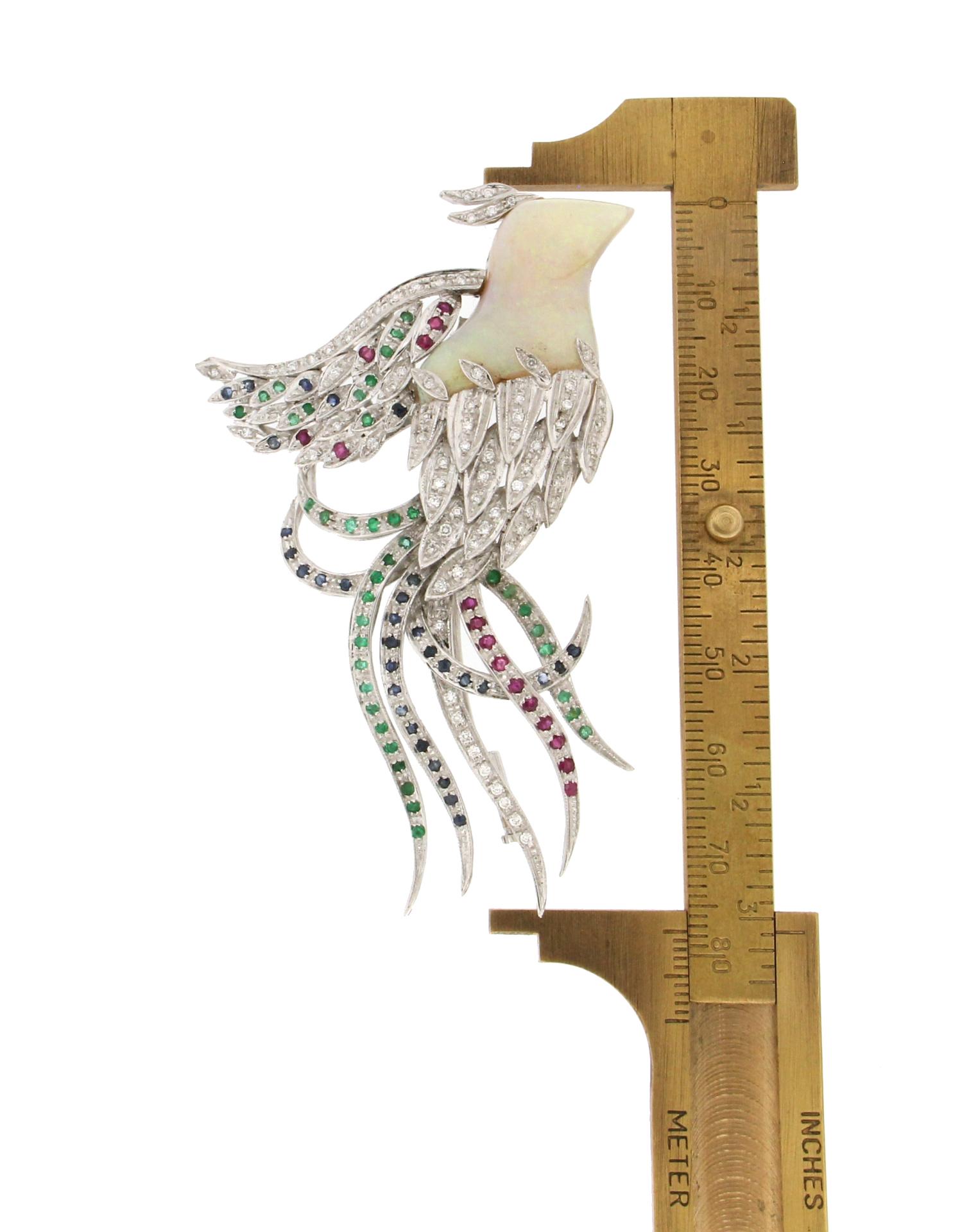 Women's or Men's Handcraft Bird Opal 18 Karat White Gold Diamonds Sapphires Emeralds Ruby Brooch For Sale