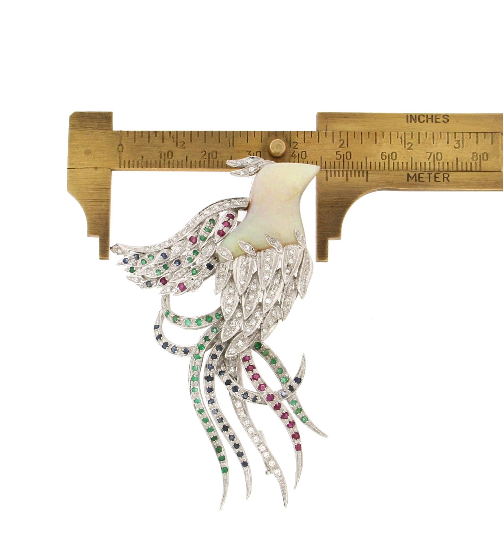 Handcraft Bird Opal 18 Karat White Gold Diamonds Sapphires Emeralds Ruby Brooch For Sale 1