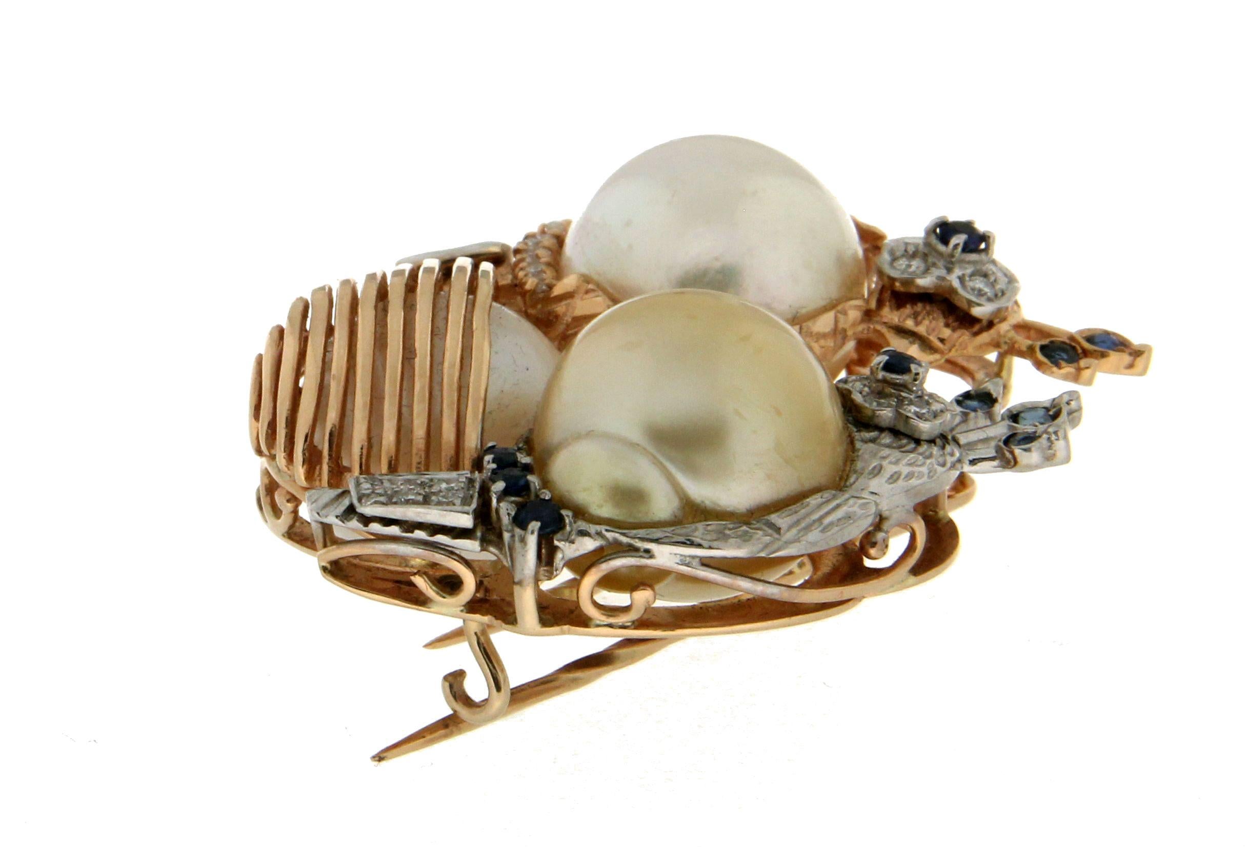 Brilliant Cut Handcraft Birds 14 Karat White and Yellow Gold Pearls Diamonds Sapphires Brooch For Sale