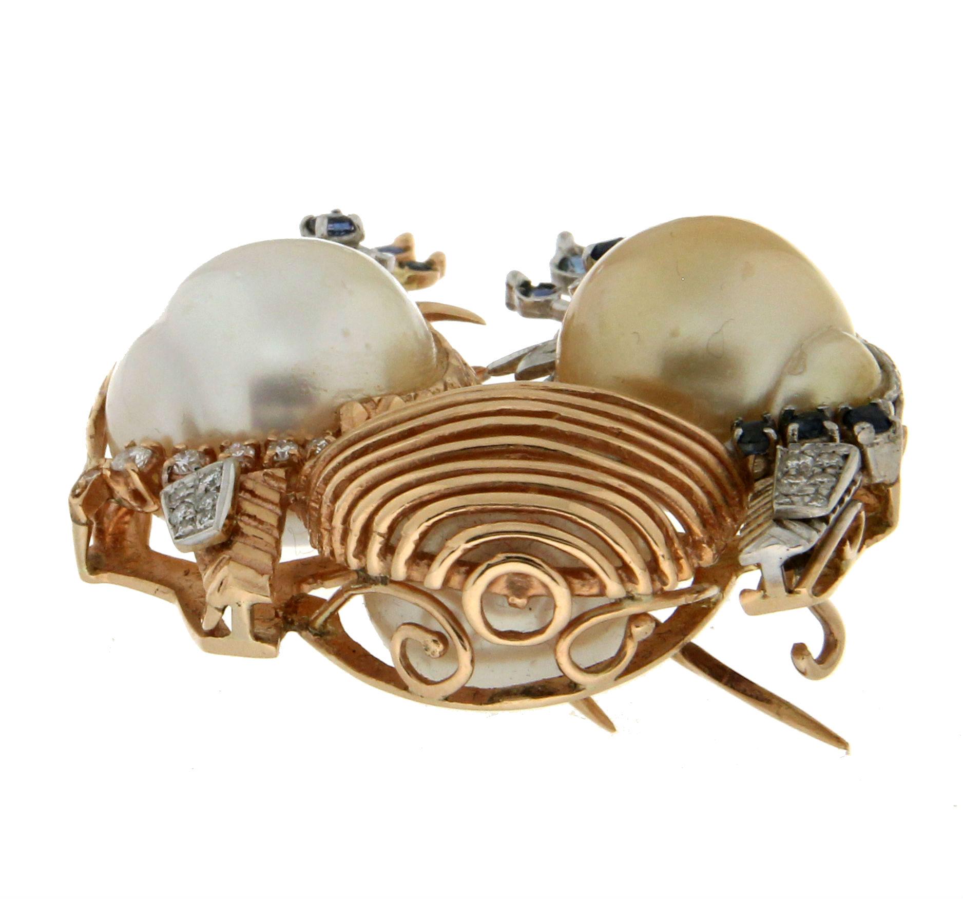 Handcraft Birds 14 Karat White and Yellow Gold Pearls Diamonds Sapphires Brooch In New Condition For Sale In Marcianise, IT