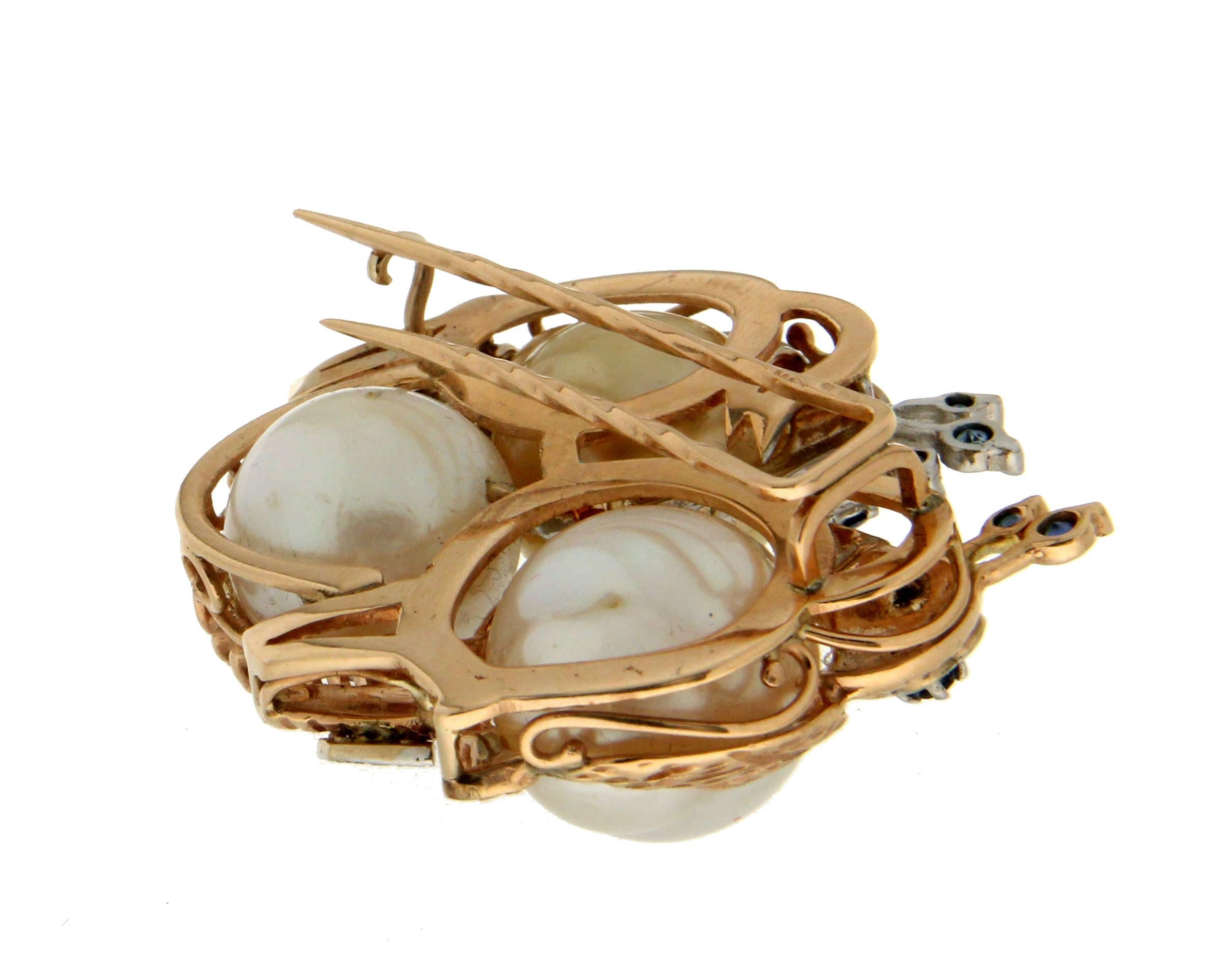 Women's Handcraft Birds 14 Karat White and Yellow Gold Pearls Diamonds Sapphires Brooch For Sale