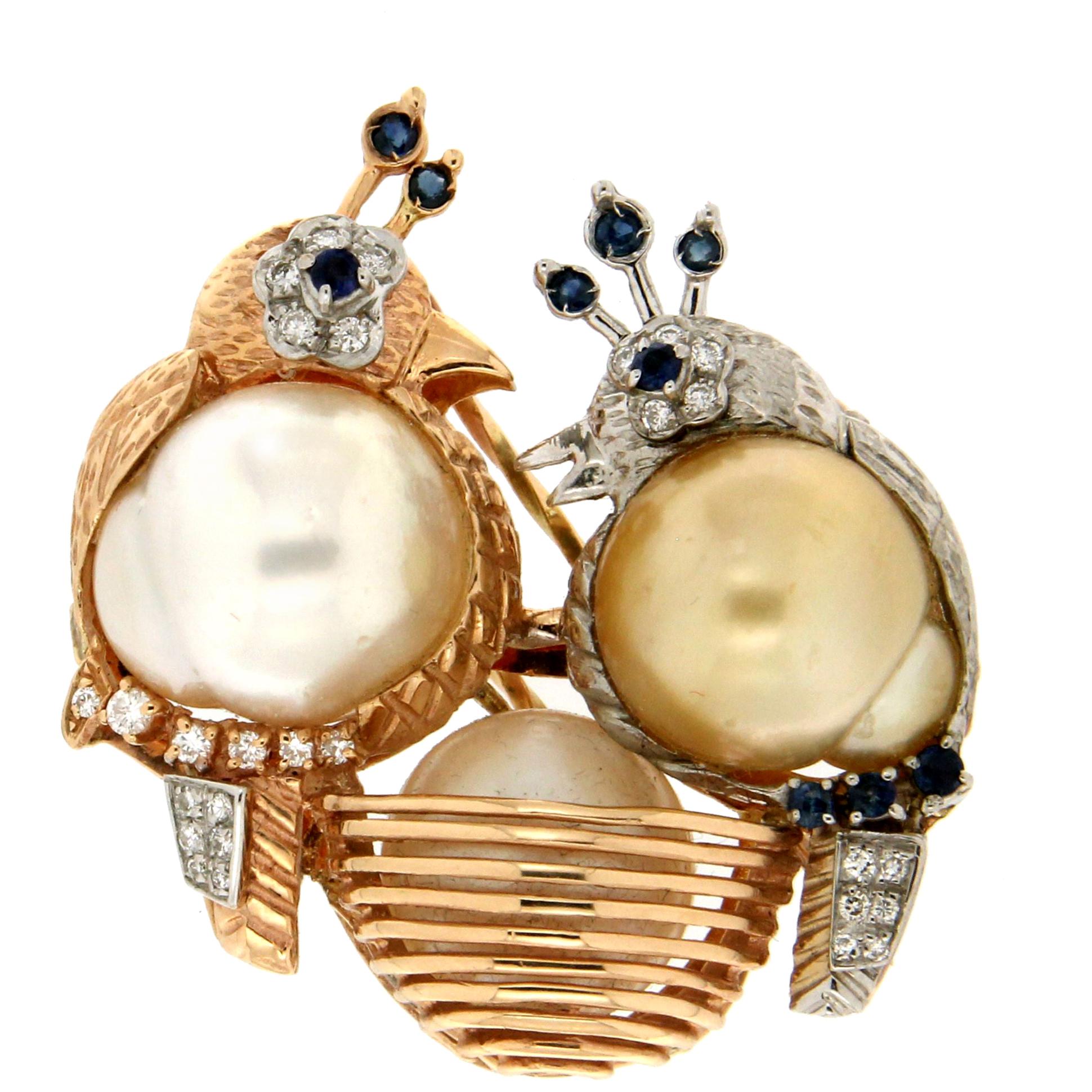 Handcraft Birds 14 Karat White and Yellow Gold Pearls Diamonds Sapphires Brooch For Sale