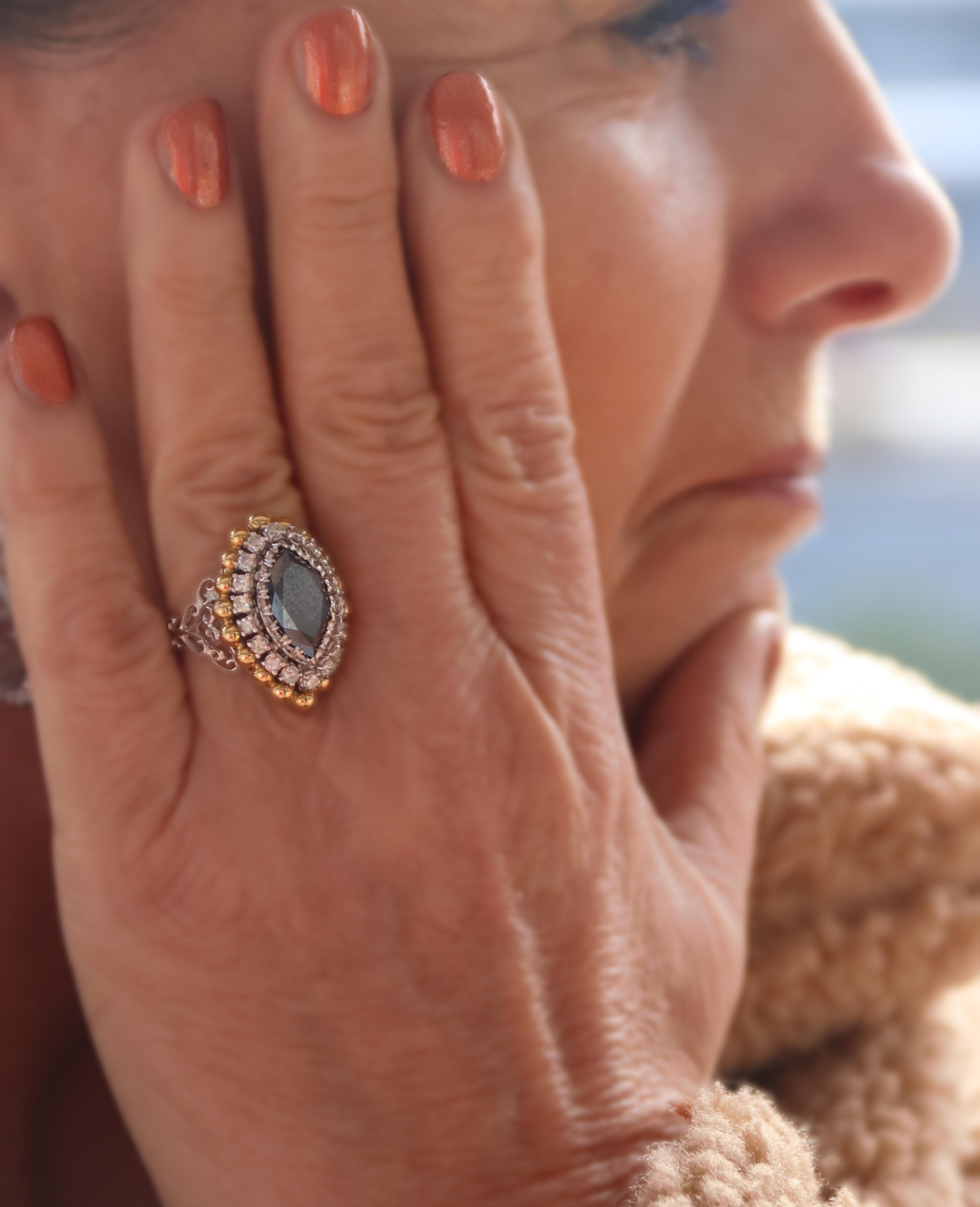 Handcraft Black Diamond 18 Karat White and Yellow Gold Diamonds Cocktail Ring For Sale 5